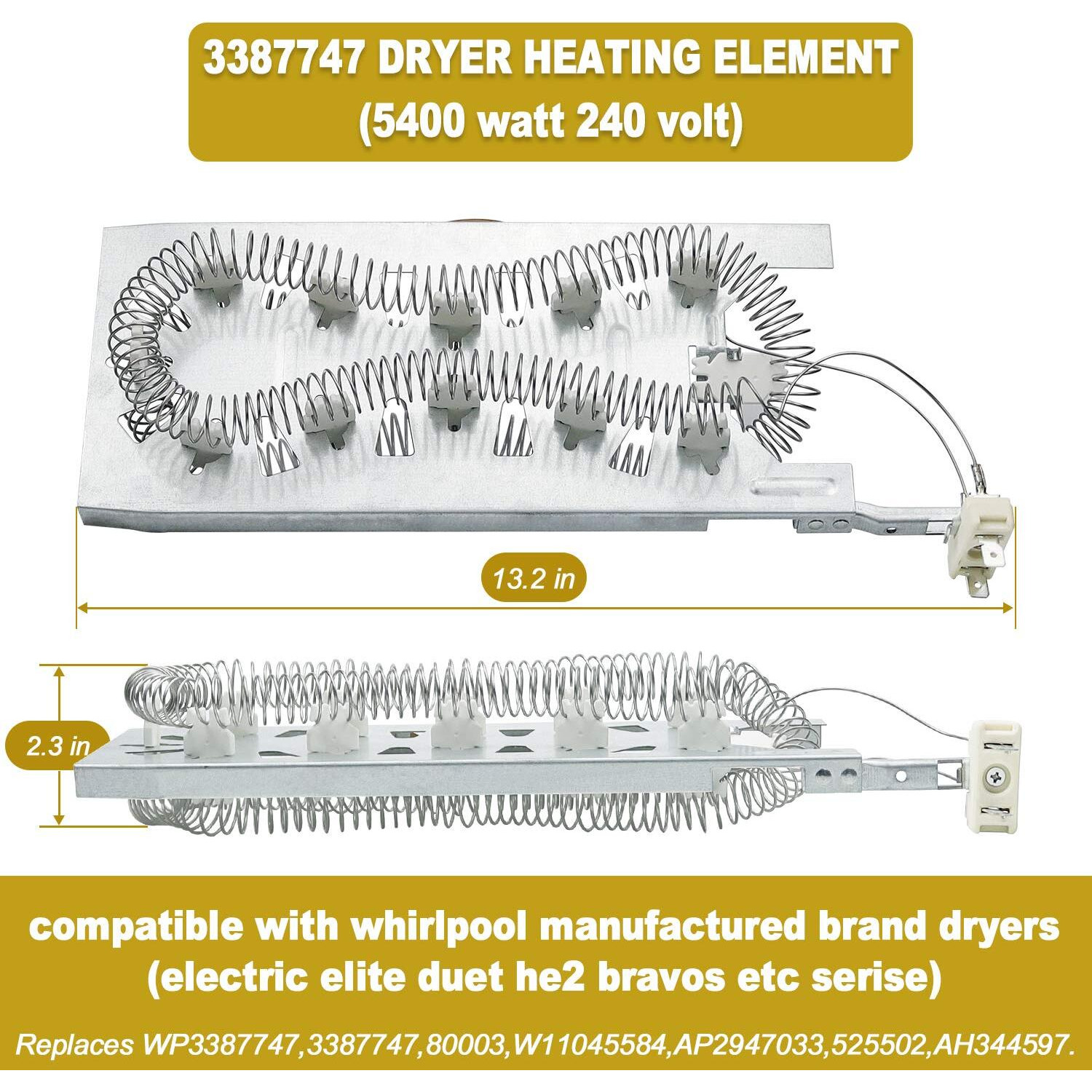 3387747 Wp3387747 Dryer Heating Element Kit-Compatible With Whirlpool Cabrio Kenmore He2 Kenmore Elite He3 Maytag Dryers- Gew9250Pw0 Geq9800Pw1 Wd05X30818 Geq9800Pw2 Geq9800Pw1 Medb835Dw4 Med9700Sq0