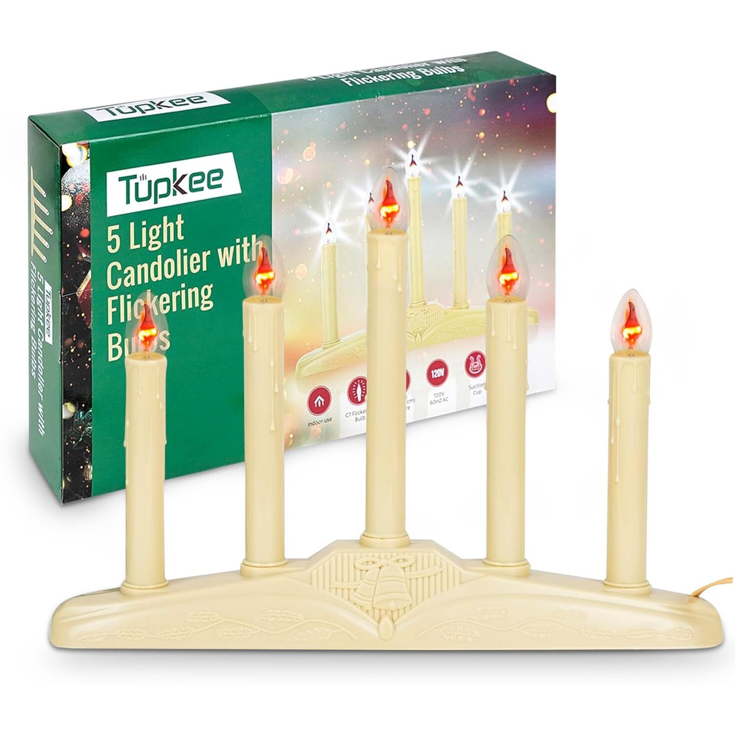 Tupkee Christmas Candolier Window Candles - With Flickering Bulbs - 5-Lights Indoor - Flameless Electric Window Candles Candelabra