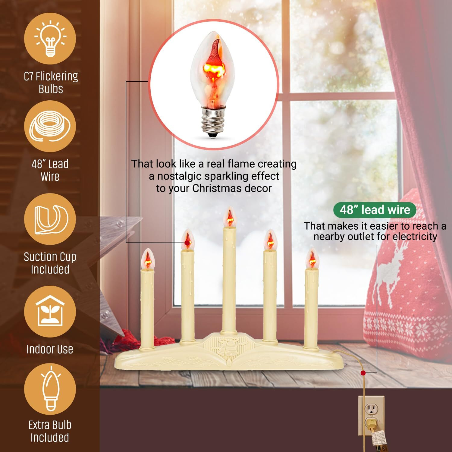 Tupkee Christmas Candolier Window Candles - With Flickering Bulbs - 5-Lights Indoor - Flameless Electric Window Candles Candelabra