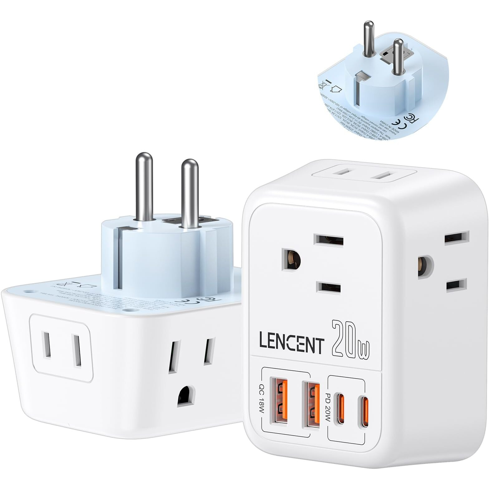Lencent Germany France Travel Power Adapter, Pd 20W Usb C Fast Charger Adaptor, Schuko Type E F Plug Adapter With 4 Outlet, Essentials For Us To Europe Eu Spain Greece Russia German