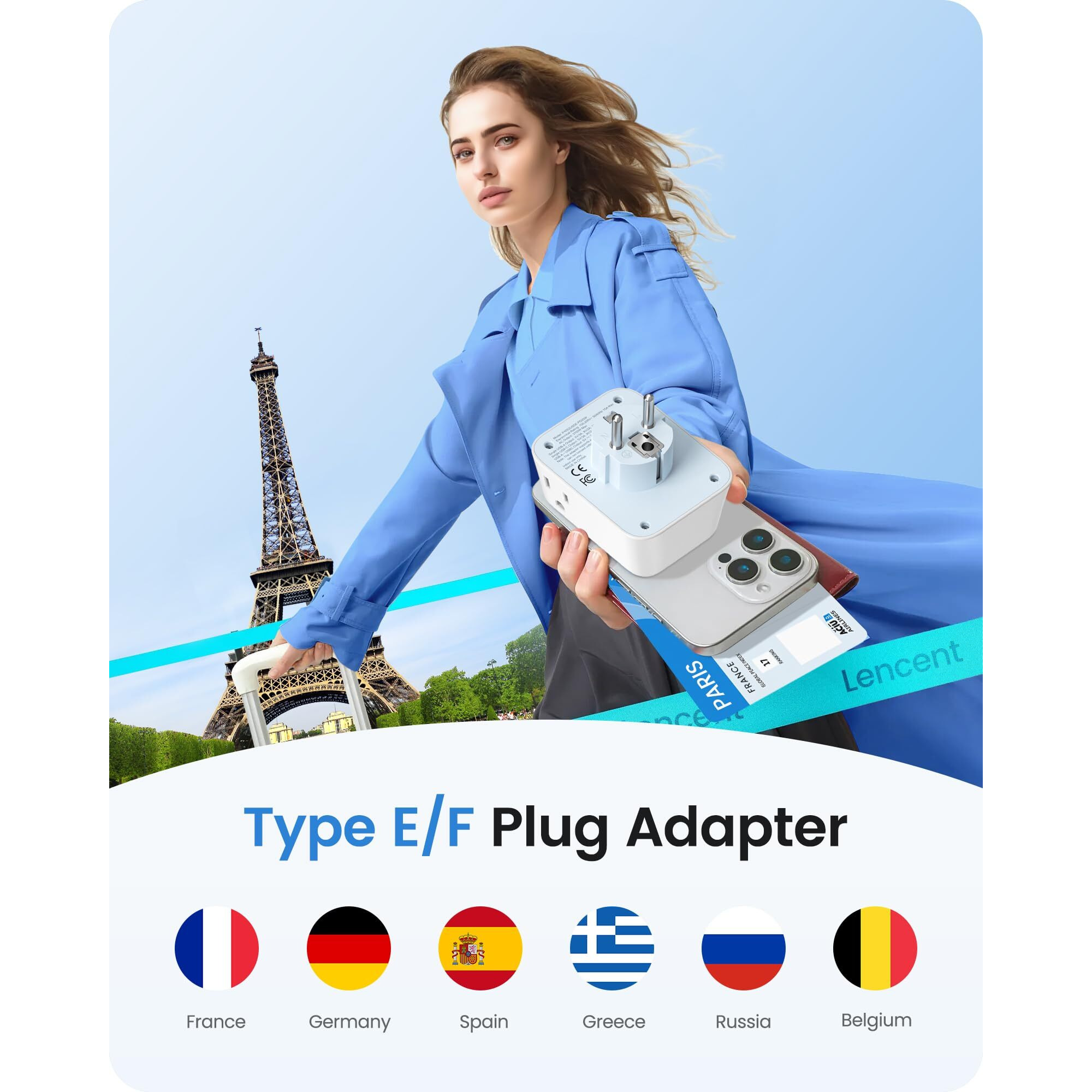 Lencent Germany France Travel Power Adapter, Pd 20W Usb C Fast Charger Adaptor, Schuko Type E F Plug Adapter With 4 Outlet, Essentials For Us To Europe Eu Spain Greece Russia German