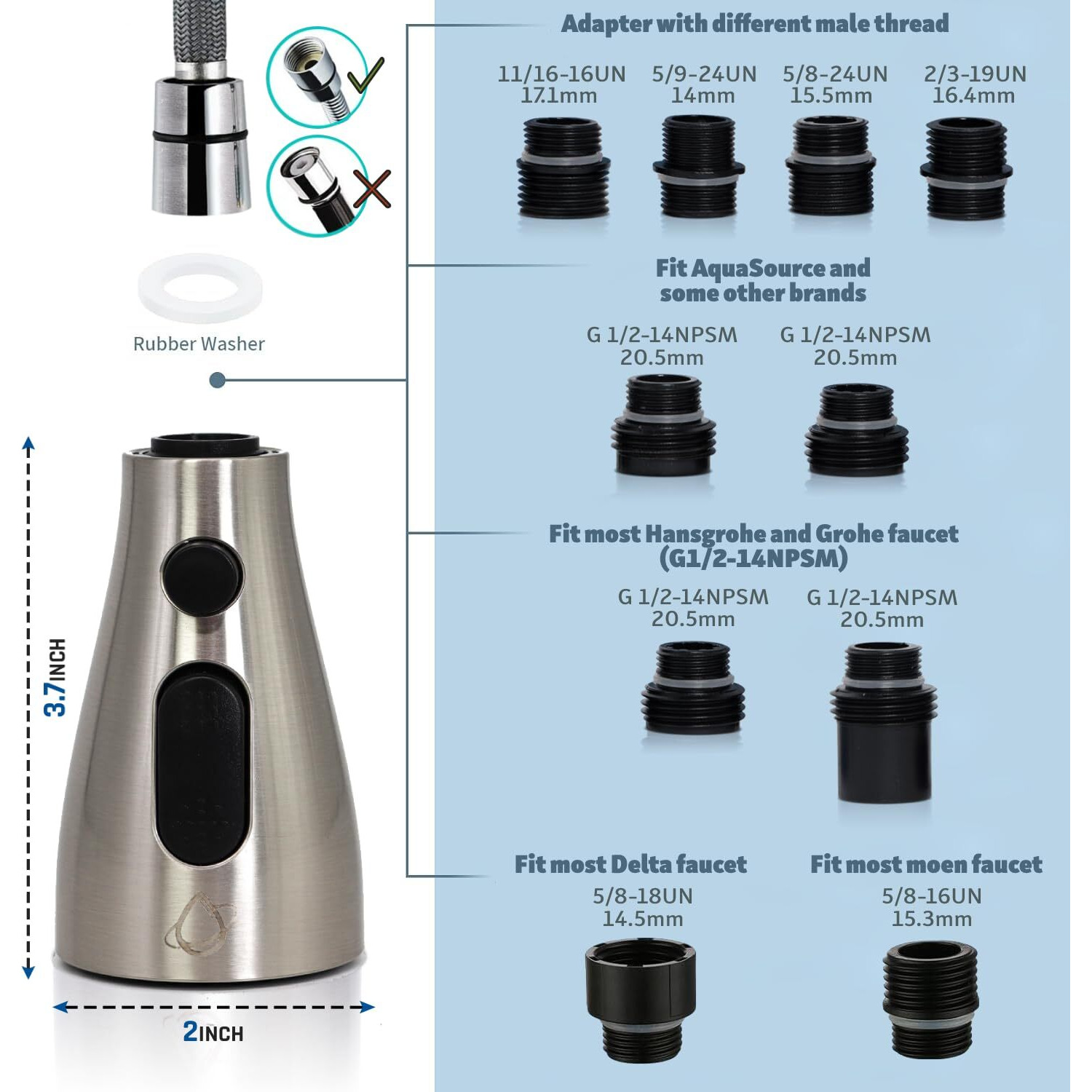 Kitchen Faucet Head Replacement - Pull Down Sprayer For Moen, Delta & American Standard - 3-Function Sink Faucet Head With 9 Nozzles - Kitchen Sink Sprayer Head Replacement Brushed Nickel