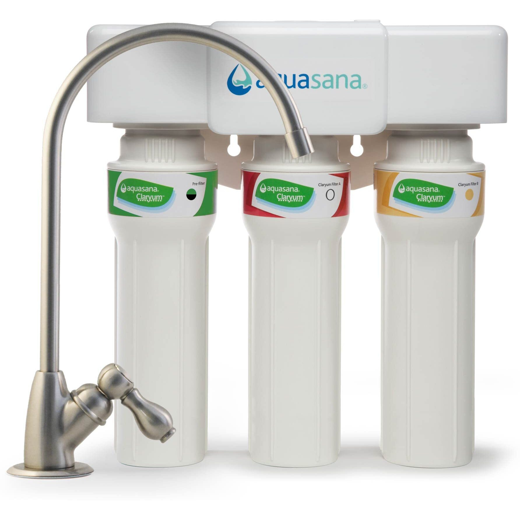 Aquasana Under Sink Water Filter System - Reduces Pfas, Lead, & Chlorine In Drinking Water - Under Counter Claryum Filtration For Kitchen - 3-Stage Max Flow - Brushed Nickel Faucet - Aq-5300+.55