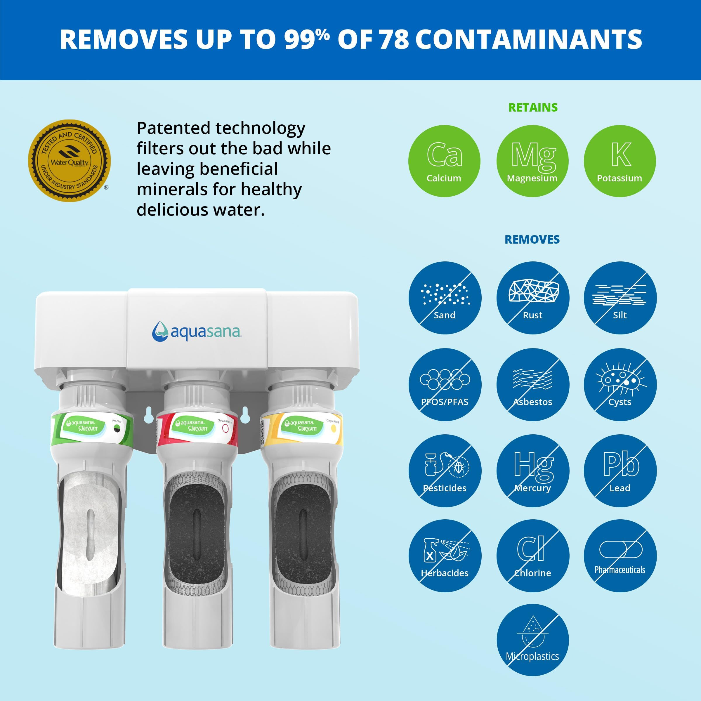 Aquasana Under Sink Water Filter System - Reduces Pfas, Lead, & Chlorine In Drinking Water - Under Counter Claryum Filtration For Kitchen - 3-Stage Max Flow - Brushed Nickel Faucet - Aq-5300+.55