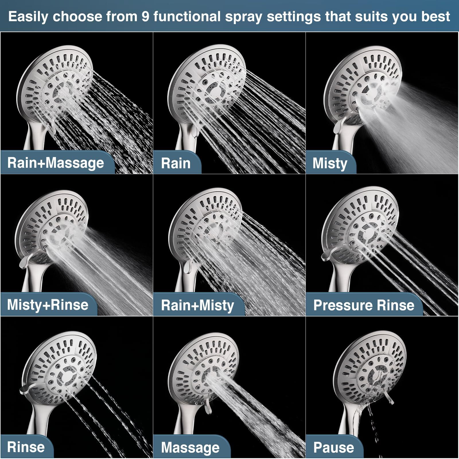 Bright Showers 9 Spray Settings Shower Head With Handheld High Pressure Brushed Nickel Hand Held Showerhead With 60 Inch Stainless Steel Hose And Adjustable Overhead Bracket