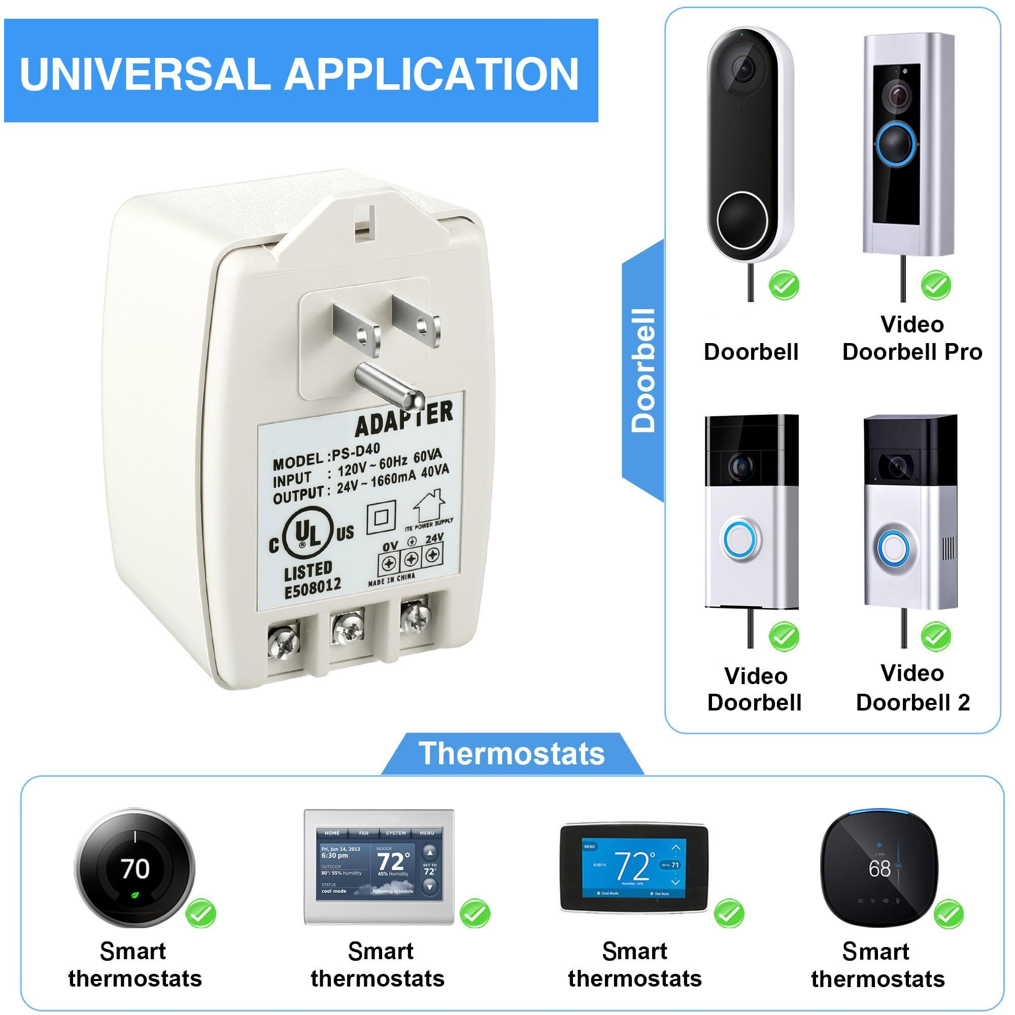 Hotop 1 Pack 24 Volt Transformer, 40 Va Ac Transformer Plug In With Ptc Fuse Competible With All Versions Of Ring Doorbell And Thermostat, Compatible With Nest, Ecobee, Sensi, Honeywell, 24V Adapter