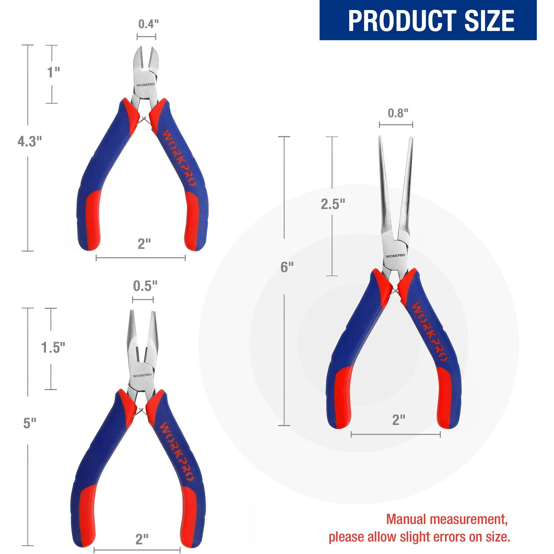 Workpro Mini Pliers Set, 3-Piece Small Pliers Tool Kit Includes 4Diagonal Plier, 5Long Nose Plier, 6Needle Nose Plier, For Making Crafts, Repairing Electronic Devices