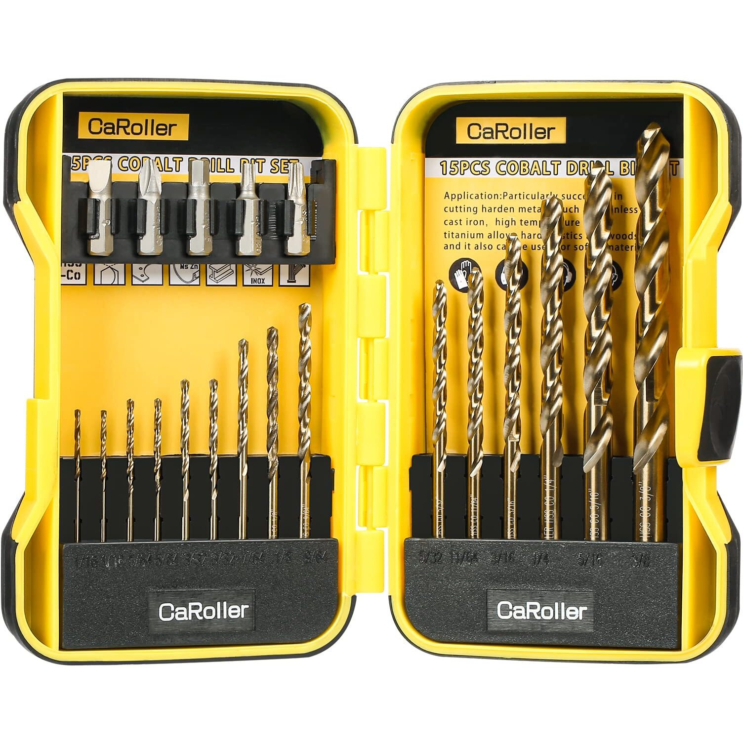 Caroller Drill Bit Set - M35 Cobalt Drill Bit - 15 Pcs High Speed Steel Twist Jobber Length Drill Set 1/16""-3/8"" For Hardened Metal, Stainless Steel, Cast Iron, Wood And Plastic With Round Shank