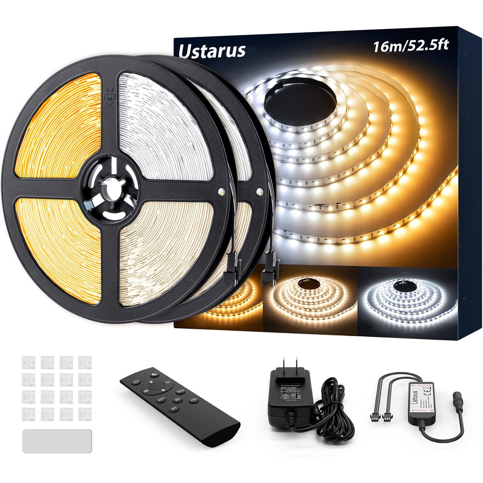 Ustarus Led Strip Lights White 52.5Ft 24V Dimmable 3000K-6000K Led Tape Rope Light With Remote Flexible 2835 Led Ribbon For Kitchen Under Cabinet Mirror Room Indoor Home Daylight Warm White