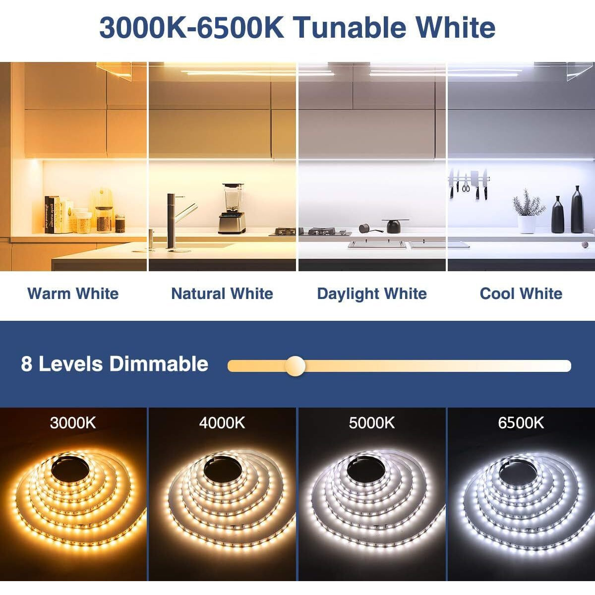 Ustarus Led Strip Lights White 52.5Ft 24V Dimmable 3000K-6000K Led Tape Rope Light With Remote Flexible 2835 Led Ribbon For Kitchen Under Cabinet Mirror Room Indoor Home Daylight Warm White