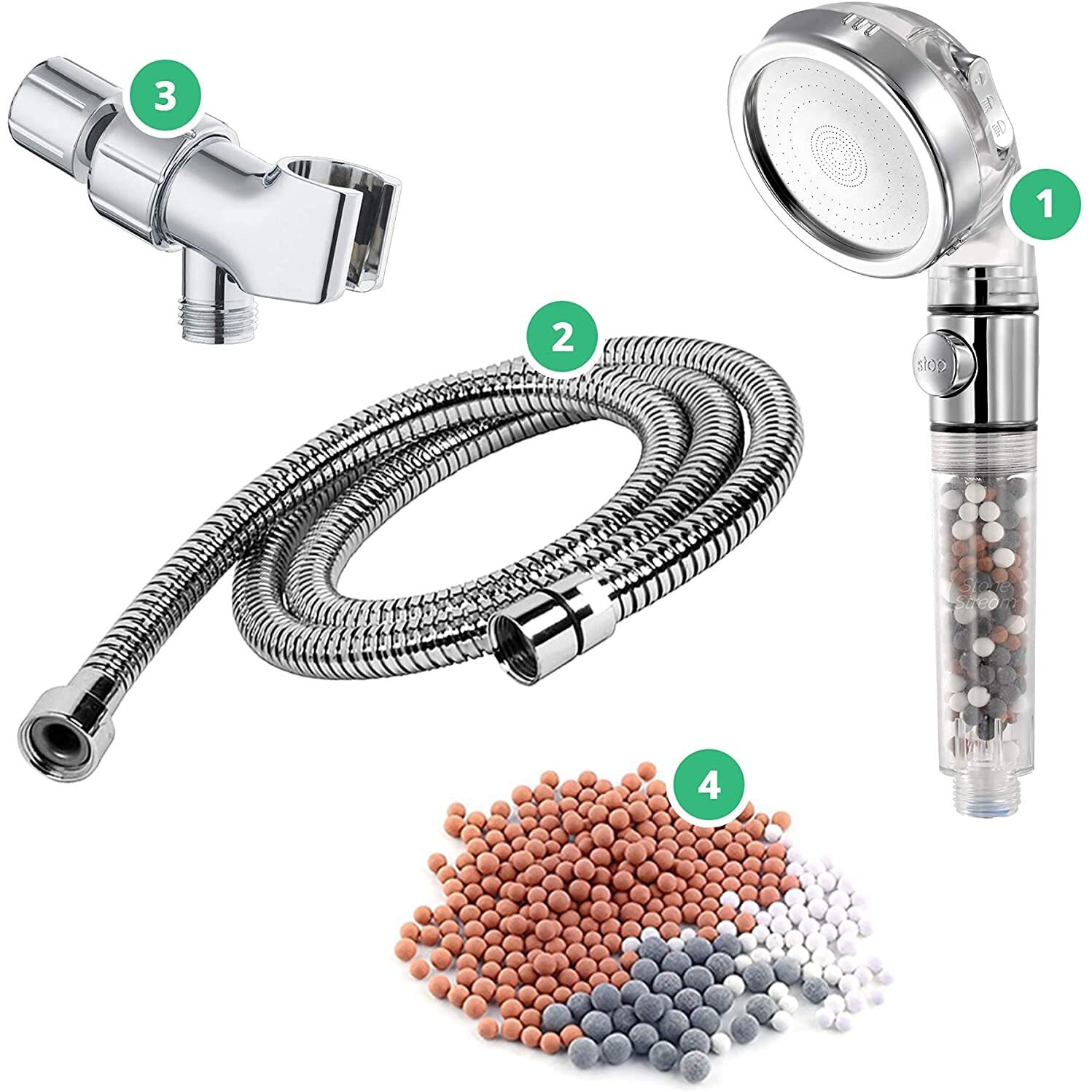 Original Stonestream Ecopower High Pressure Handheld Shower Head With On Off Switch- 3 Spray Settings With Hose, Wall Adapter And Replacement Beads