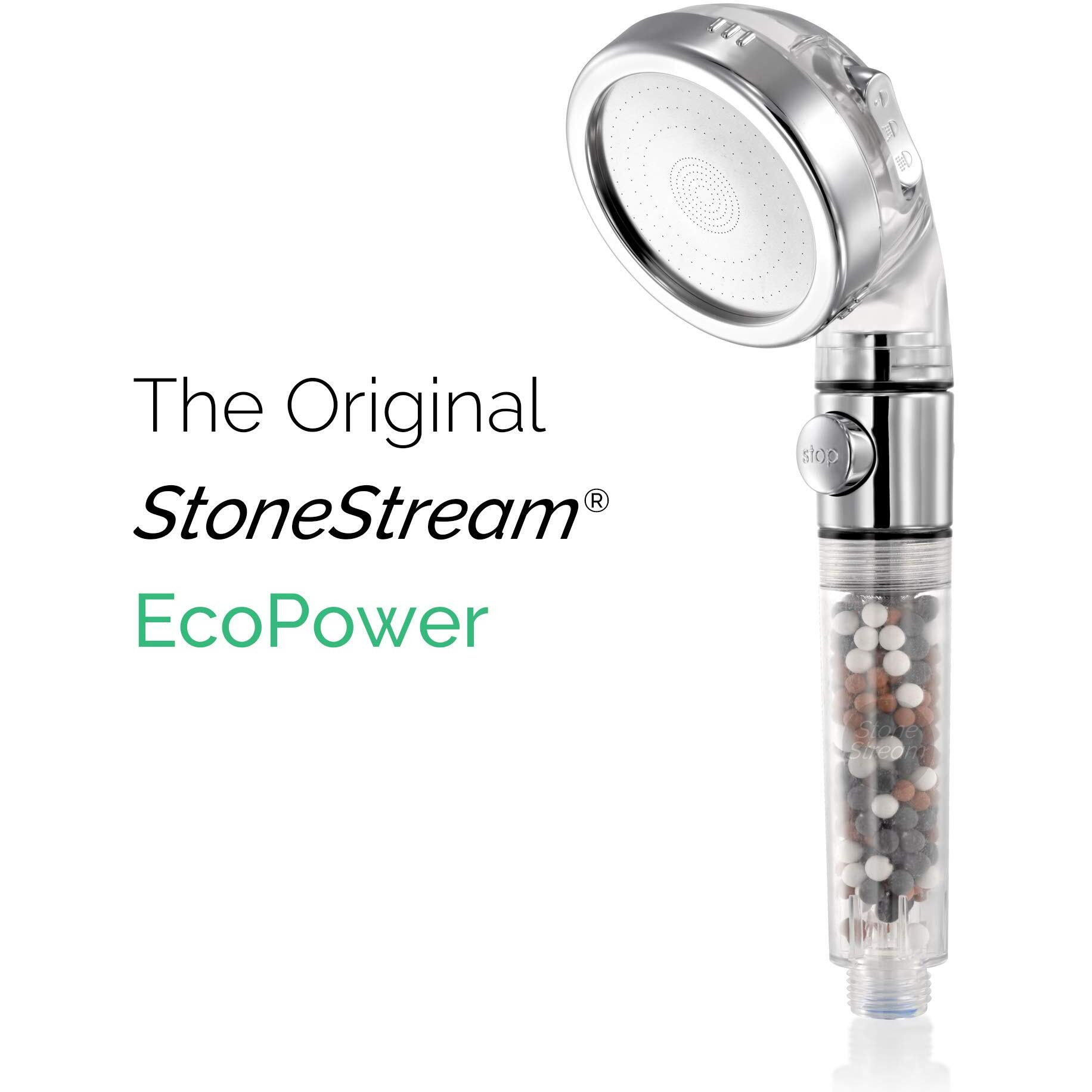 Original Stonestream Ecopower High Pressure Handheld Shower Head With On Off Switch- 3 Spray Settings With Hose, Wall Adapter And Replacement Beads