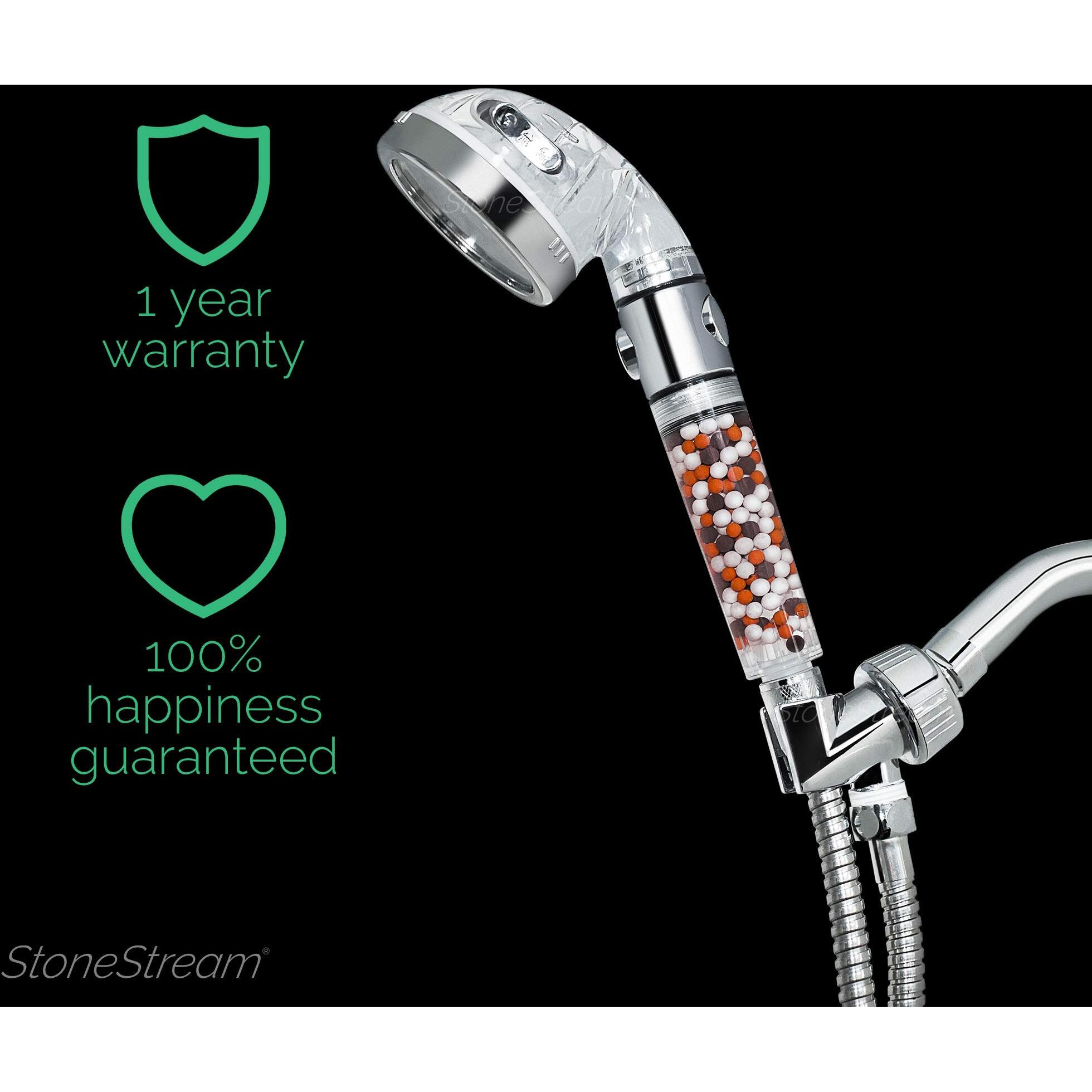 Original Stonestream Ecopower High Pressure Handheld Shower Head With On Off Switch- 3 Spray Settings With Hose, Wall Adapter And Replacement Beads