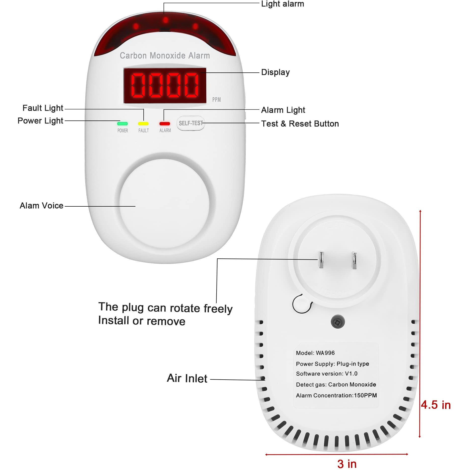 Carbon Monoxide Detector Plug In - Hembisen Portable Carbon Monoxide Detector For Travel,Plug In Co Detector With Digital Display For Apartment/Home/Kitchen,Easy To Read & Install