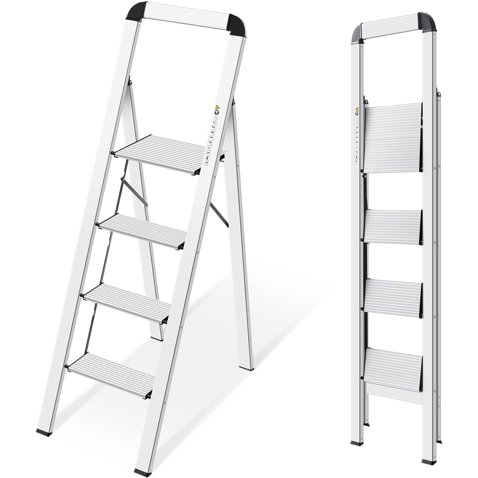 Kingrack Aluminium 4 Step Ladder, Lightweight Step Stool With Non-Slip Pedals, Handrail, Foldable Step Ladder For Kitchen, Garage, Home, Space Saving, Sturdy And Portable, Silver