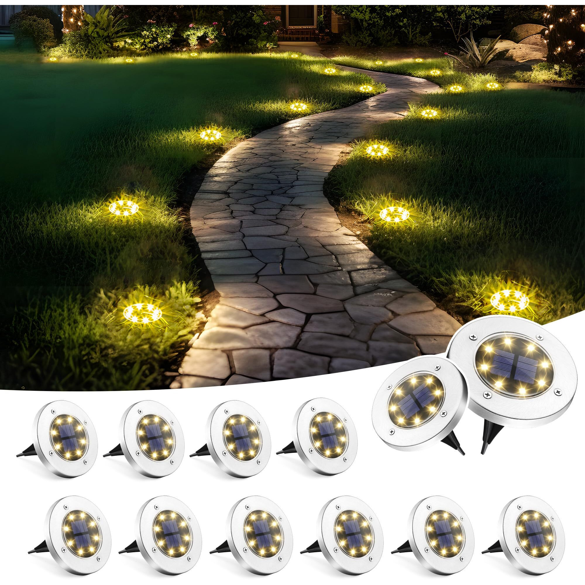 Solpex Solar Lights Outdoor Waterproof, 12 Pack Solar Ground Lights, Solar Garden Lights Landscape Lighting For Pathway Driveway Patio Backyard Walkway (Warm White)