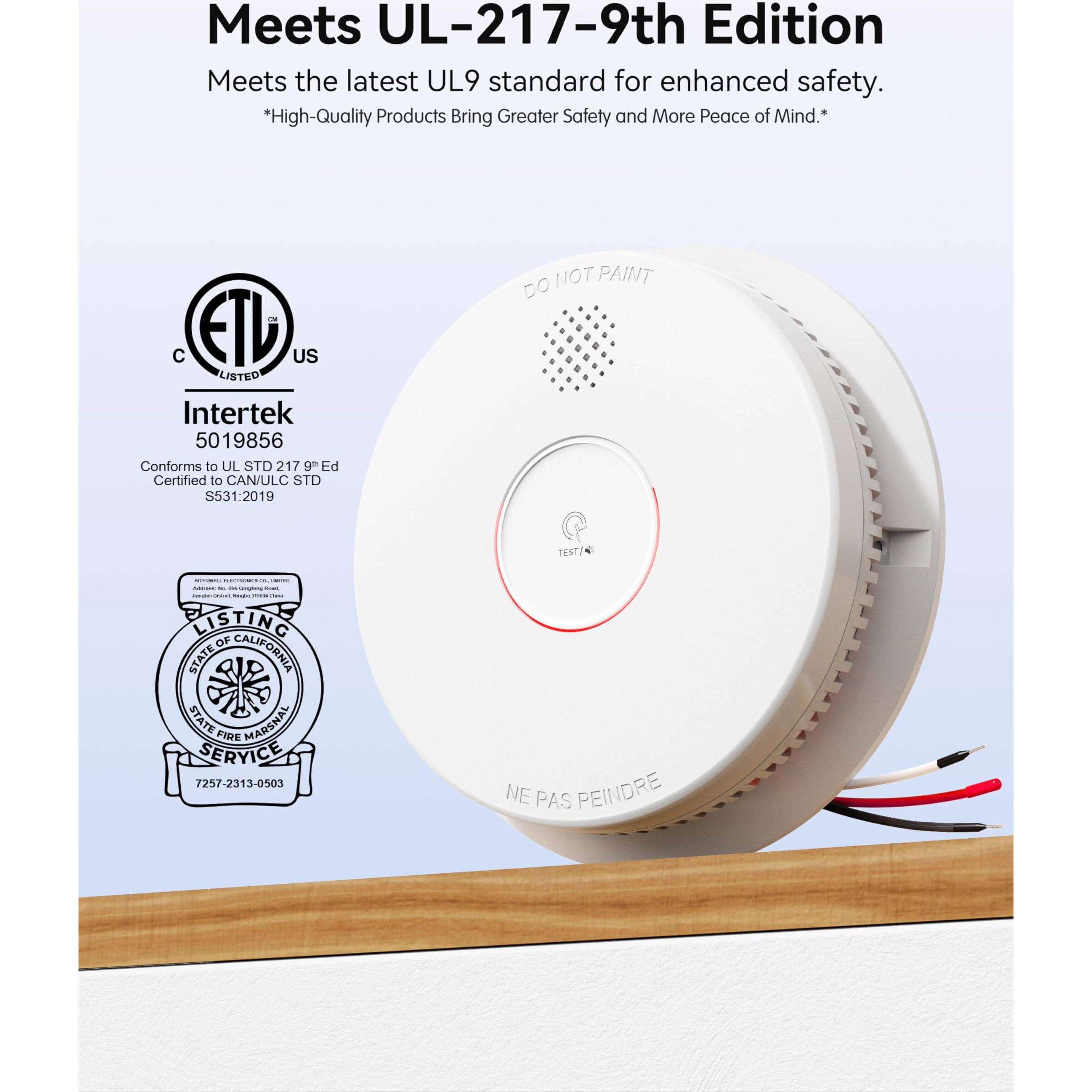 Siterwell Smoke Detector, Hardwired Interconnected Smoke Detector, Photoelectric Smoke Alarm With 9V Backup Battery, Fire Alarm With Test/Silence Button, Etl-9Th Listed, Gs562A, 6 Packs