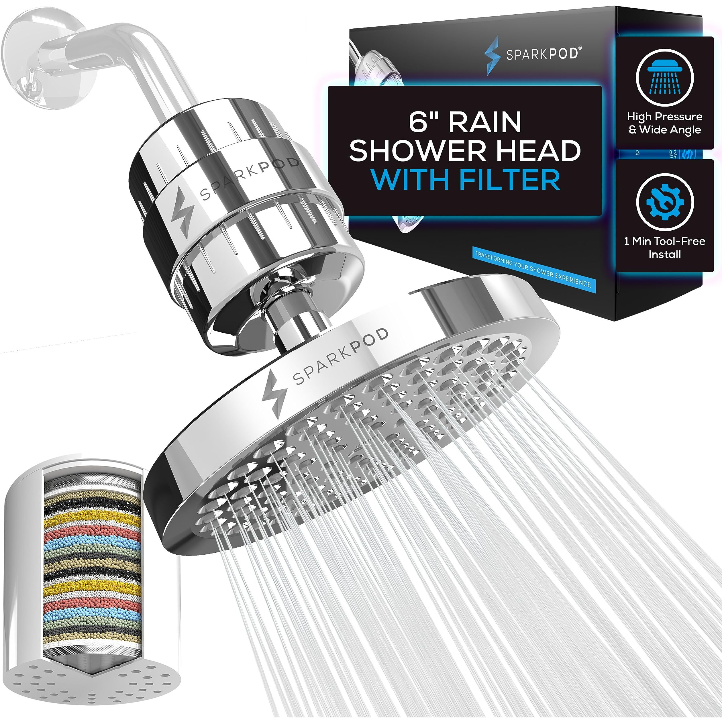 Sparkpod Luxury Filtered Shower Head Set 23 Stage Shower Filter - Reduces Chlorine And Heavy Metals - High Pressure Showerhead Filter (6"" Round, Luxury Polished Chrome)