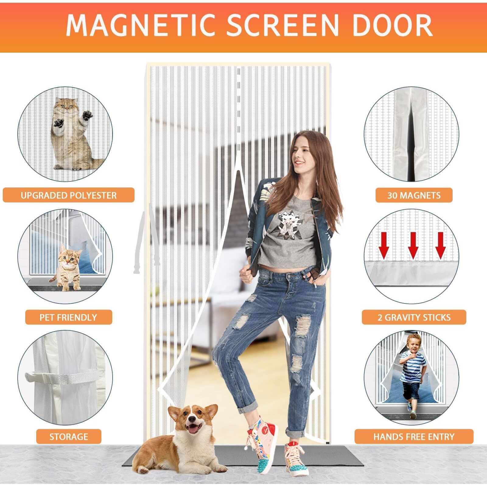 Magnetic Screen Door - Yrh Frame Hook & Loop Heavy Duty Enhanced Screen Mesh,Fit For Door Size30X80 Inch,Screen Itself Size32X82 Inch,Self Sealing,Hands Free Mesh Partition,Polyester - White