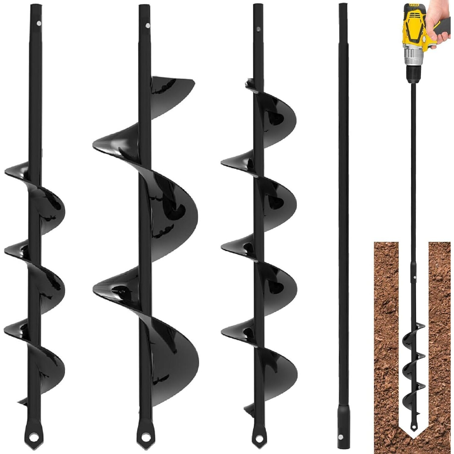Auger Drill Bit For Planting 3 Pack With Extension - Spiral Hole Planter For Bulbs, Fence Posts, And Umbrella Holes - 3/8'' Hex Drive Drill- Gardening Hole Digger Yard Tools - Garden Drill Attachments