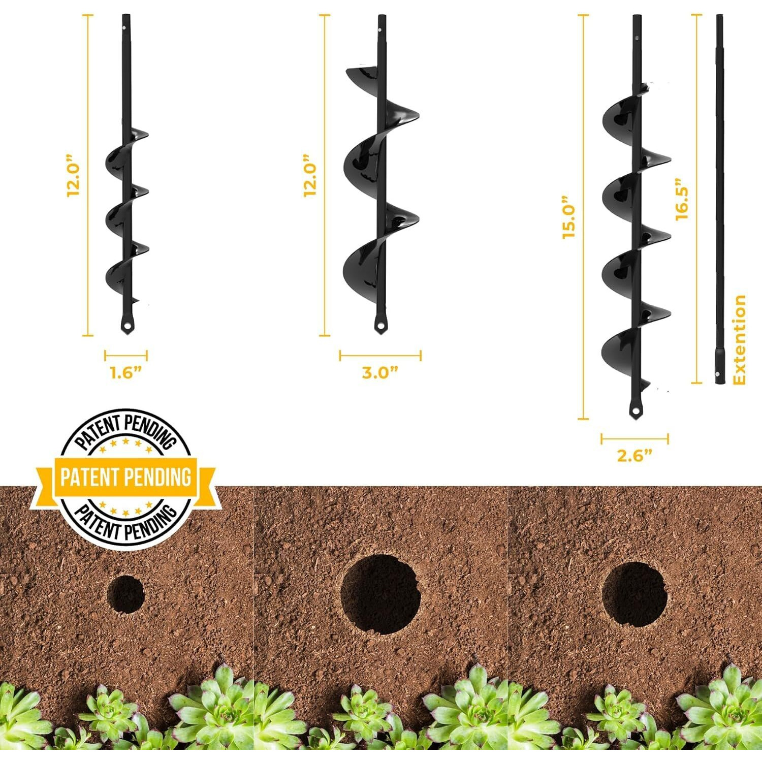 Auger Drill Bit For Planting 3 Pack With Extension - Spiral Hole Planter For Bulbs, Fence Posts, And Umbrella Holes - 3/8'' Hex Drive Drill- Gardening Hole Digger Yard Tools - Garden Drill Attachments