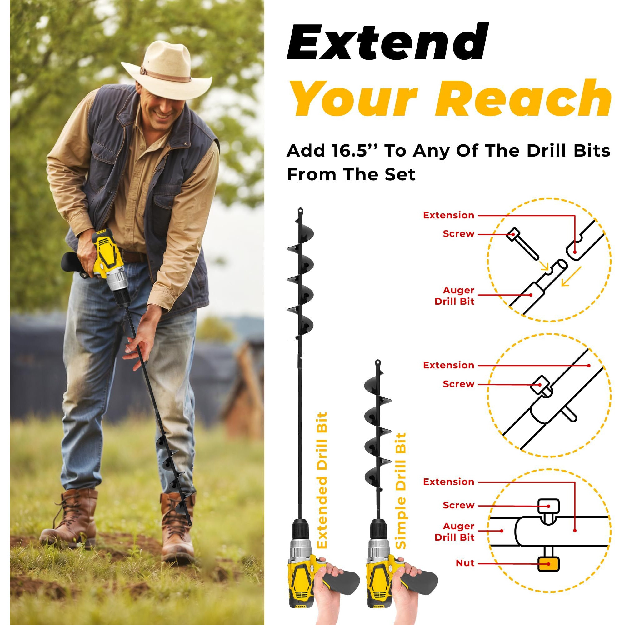 Auger Drill Bit For Planting 3 Pack With Extension - Spiral Hole Planter For Bulbs, Fence Posts, And Umbrella Holes - 3/8'' Hex Drive Drill- Gardening Hole Digger Yard Tools - Garden Drill Attachments