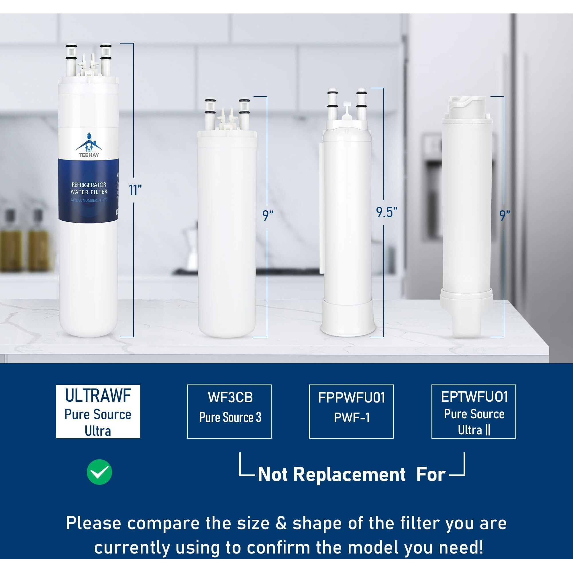 Teehay Ultrawf Water Filter Replacement, Compatible With Frigidaire Ultrawf, Pure Source Ultra, Kenmore 9999, 469999, 46-9999, A0094E28261, Height 11 Inches 3 Pack (3)