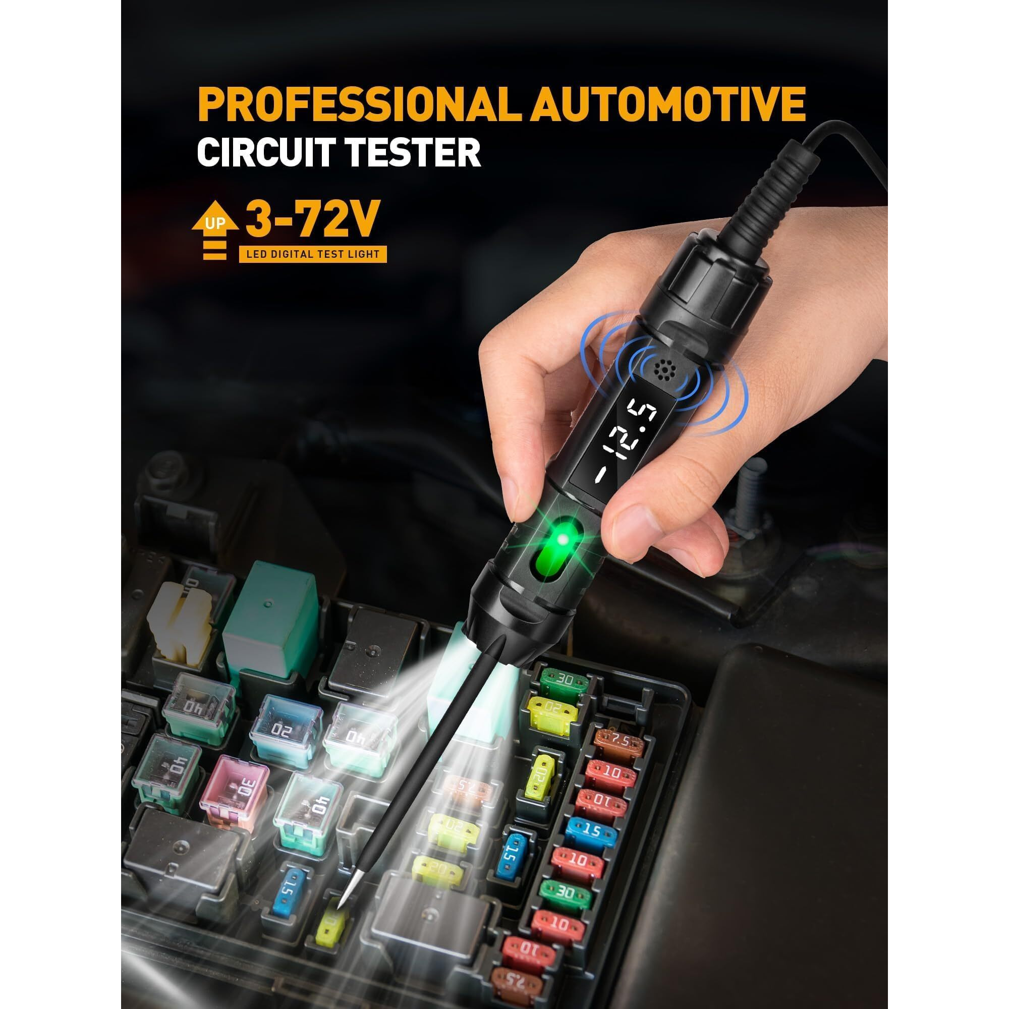 Upgraded Heavy Duty Circuit Tester With Buzzer, 3-72V Dc Digital Led Test Light With Voltmeter, Automotive Light Tester With Illumination, Fuse Voltage Tester Auto Electrical Tool