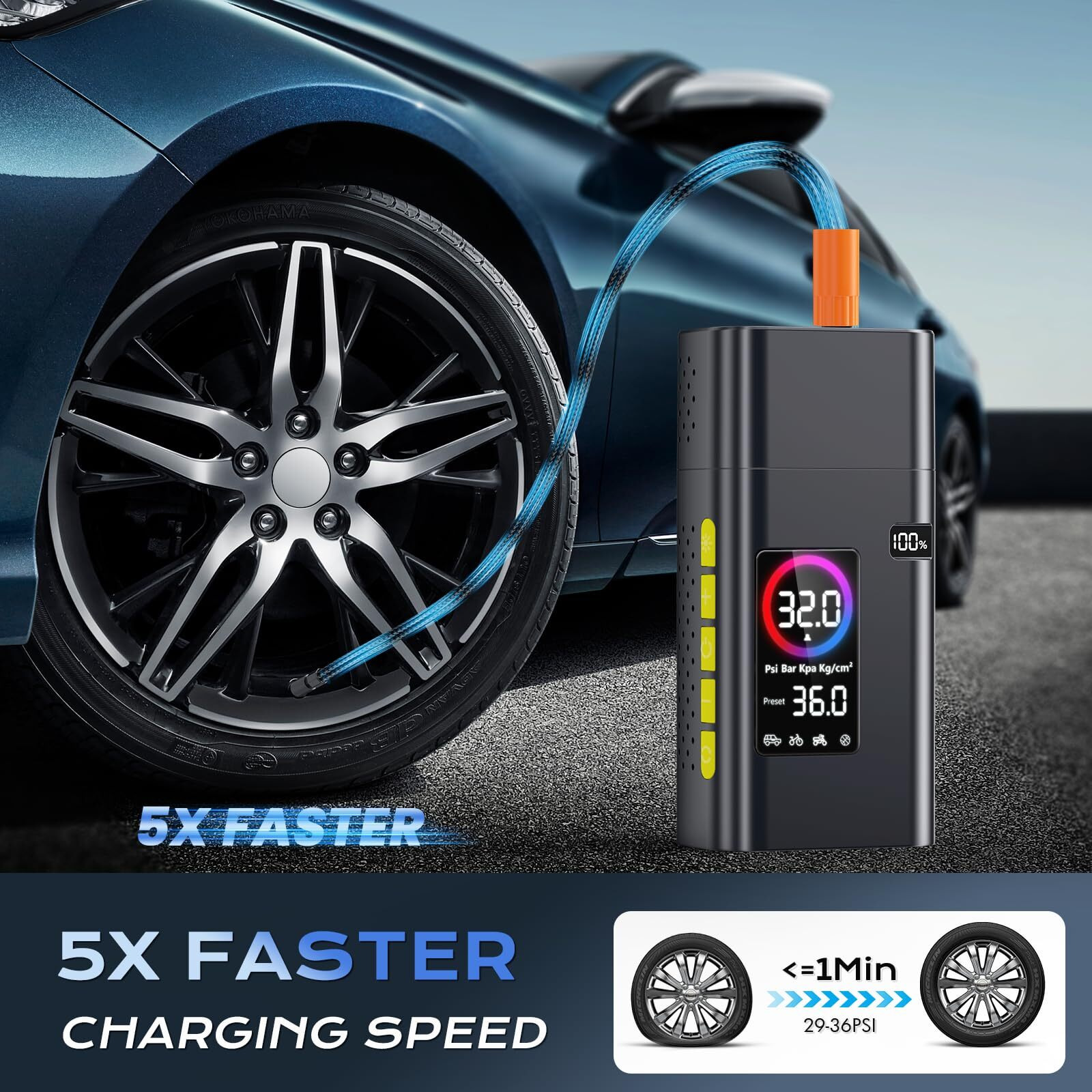 180Psi Tire Inflator Portable Air Compressor, 26000Mah Portable Tire Inflator For Car,5X Fast Electric Bike Air Pump With Digital Lcd Pressure Gauge/Led Light/Power Bank, Bike, Motorcycle, Ball