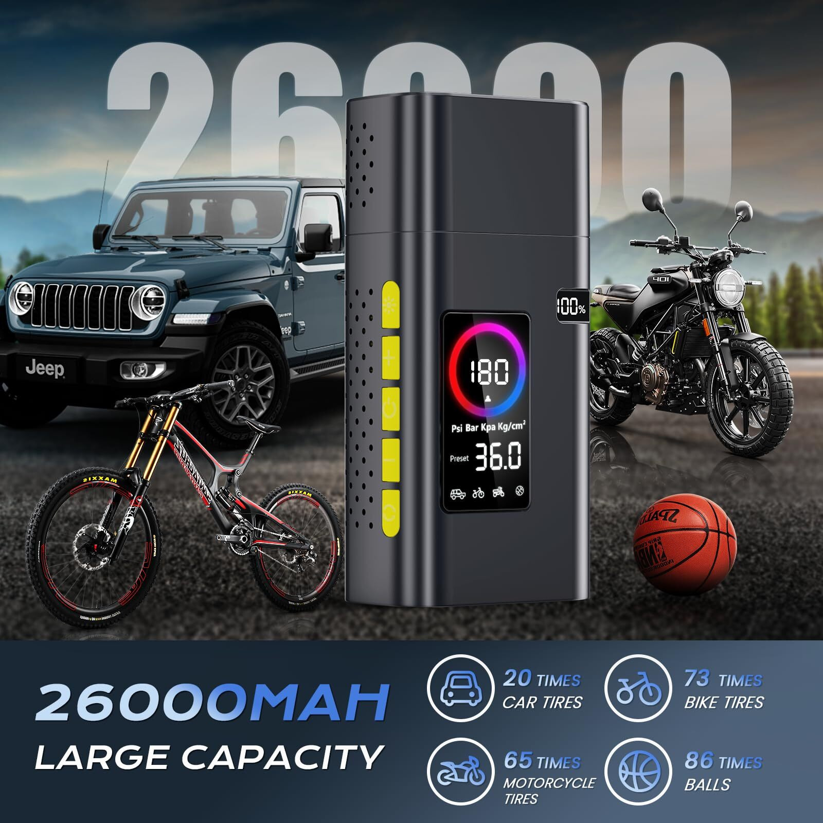 180Psi Tire Inflator Portable Air Compressor, 26000Mah Portable Tire Inflator For Car,5X Fast Electric Bike Air Pump With Digital Lcd Pressure Gauge/Led Light/Power Bank, Bike, Motorcycle, Ball
