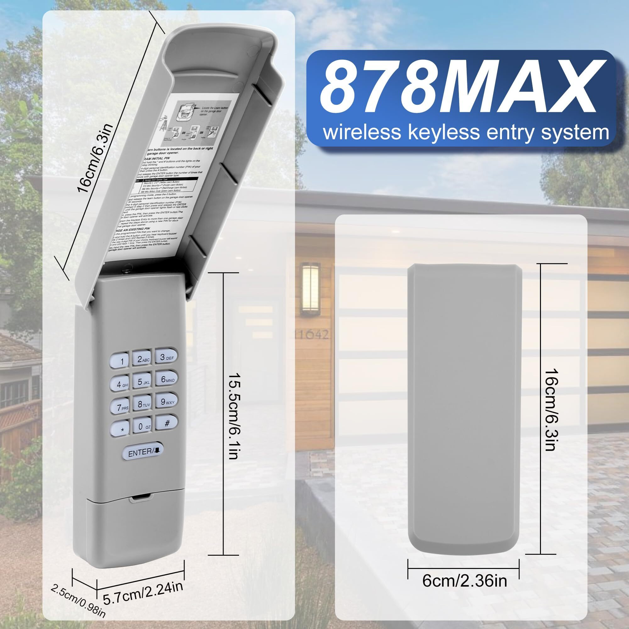 Universal Wireless Garage Door Keypad, Keyless Entry For Liftmaster/Chamberlain/Craftsman Openers,5 Color Learn Buttons, Replaces 877Max (Garage Door Keypad-877Max)