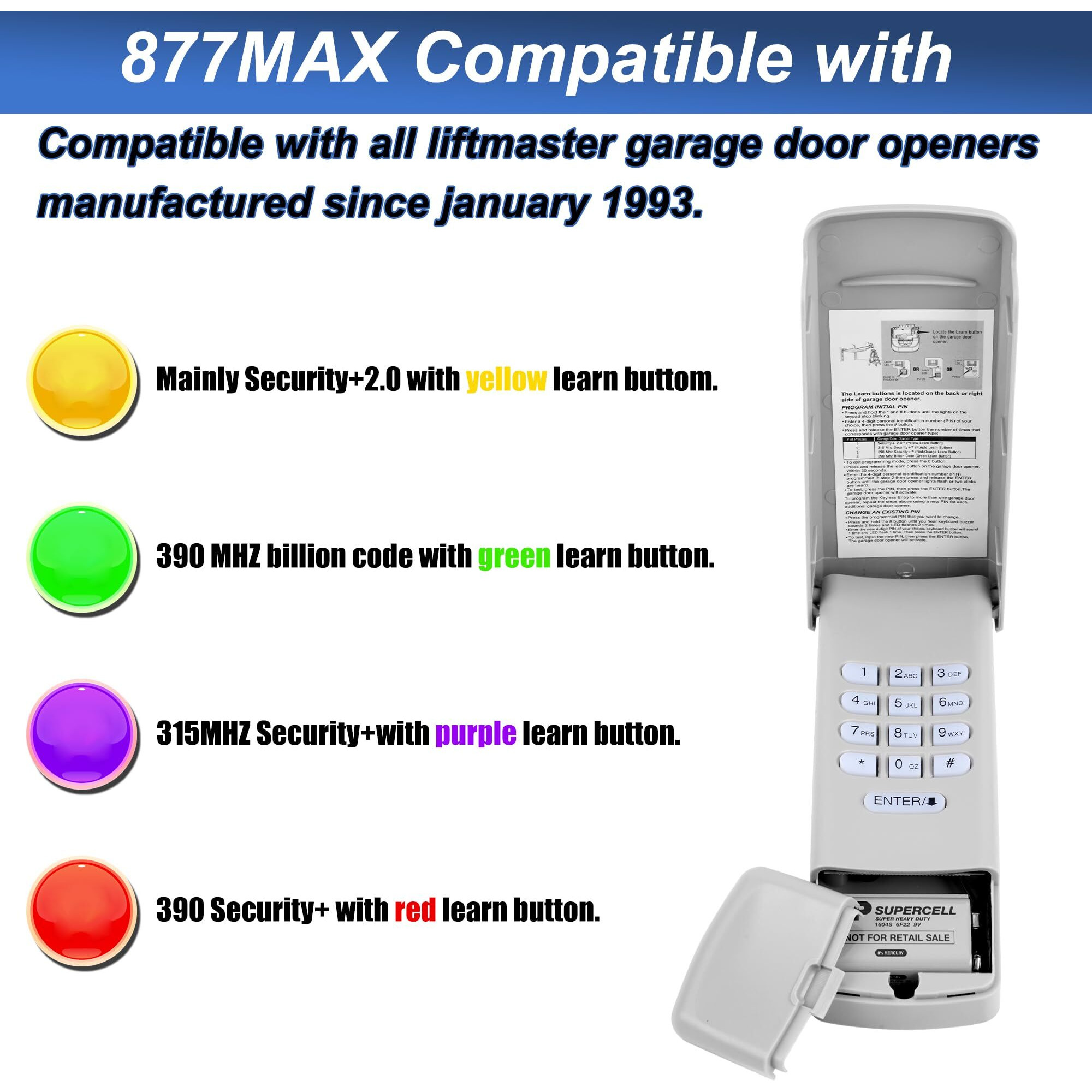 Universal Wireless Garage Door Keypad, Keyless Entry For Liftmaster/Chamberlain/Craftsman Openers,5 Color Learn Buttons, Replaces 877Max (Garage Door Keypad-877Max)