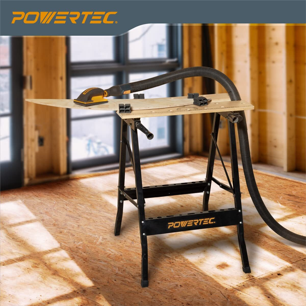 Powertec Portable Small Workbench With Vise, Imprinted Ruler And Protractor Scale, Folding Sawhorse/Worktable And 4 Bench Dogs For Woodworking Projects (Mt4006V)