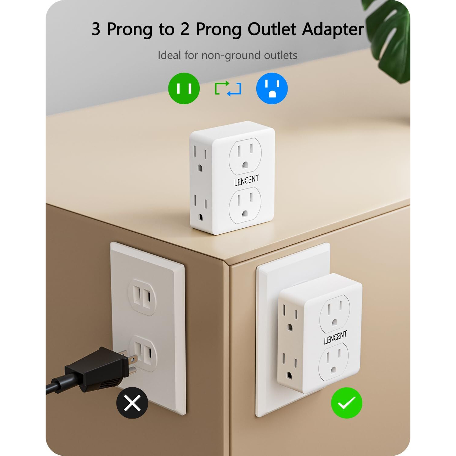 Lencent 2 To 3 Prong Outlet Adapter, 2 Prong Power Strip, 6 Widely Spaced Outlets Extender, 3-Sided Wall Plug Splitter, 1875W Max, Compact Wall Tap For Non-Grounded Outlets In Old House Hotel Dorm