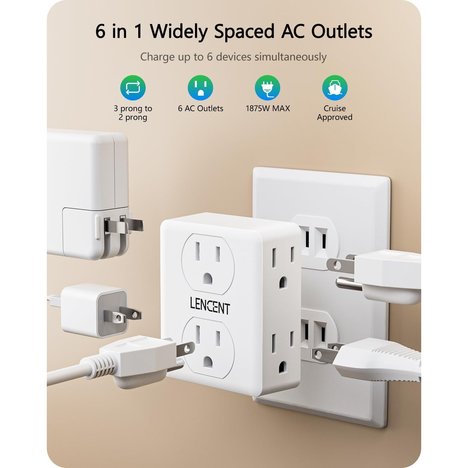 Lencent 2 To 3 Prong Outlet Adapter, 2 Prong Power Strip, 6 Widely Spaced Outlets Extender, 3-Sided Wall Plug Splitter, 1875W Max, Compact Wall Tap For Non-Grounded Outlets In Old House Hotel Dorm