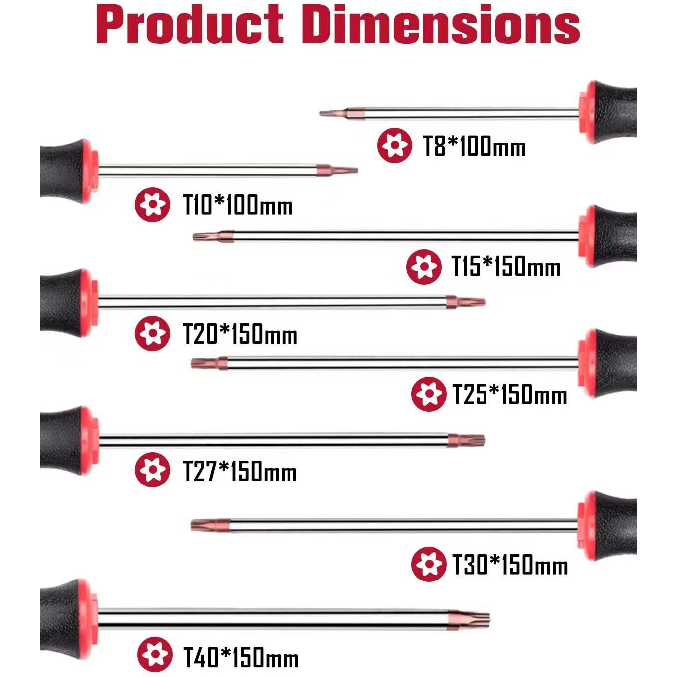 Rotation 8Pcs Magnetic Tip Torx Screwdriver Set, 8 Torx Star Screwdrivers, T8, T10, T15, T20, T25, T27, T30, T40 Red Tip | Red, Gloss, S2 Steel