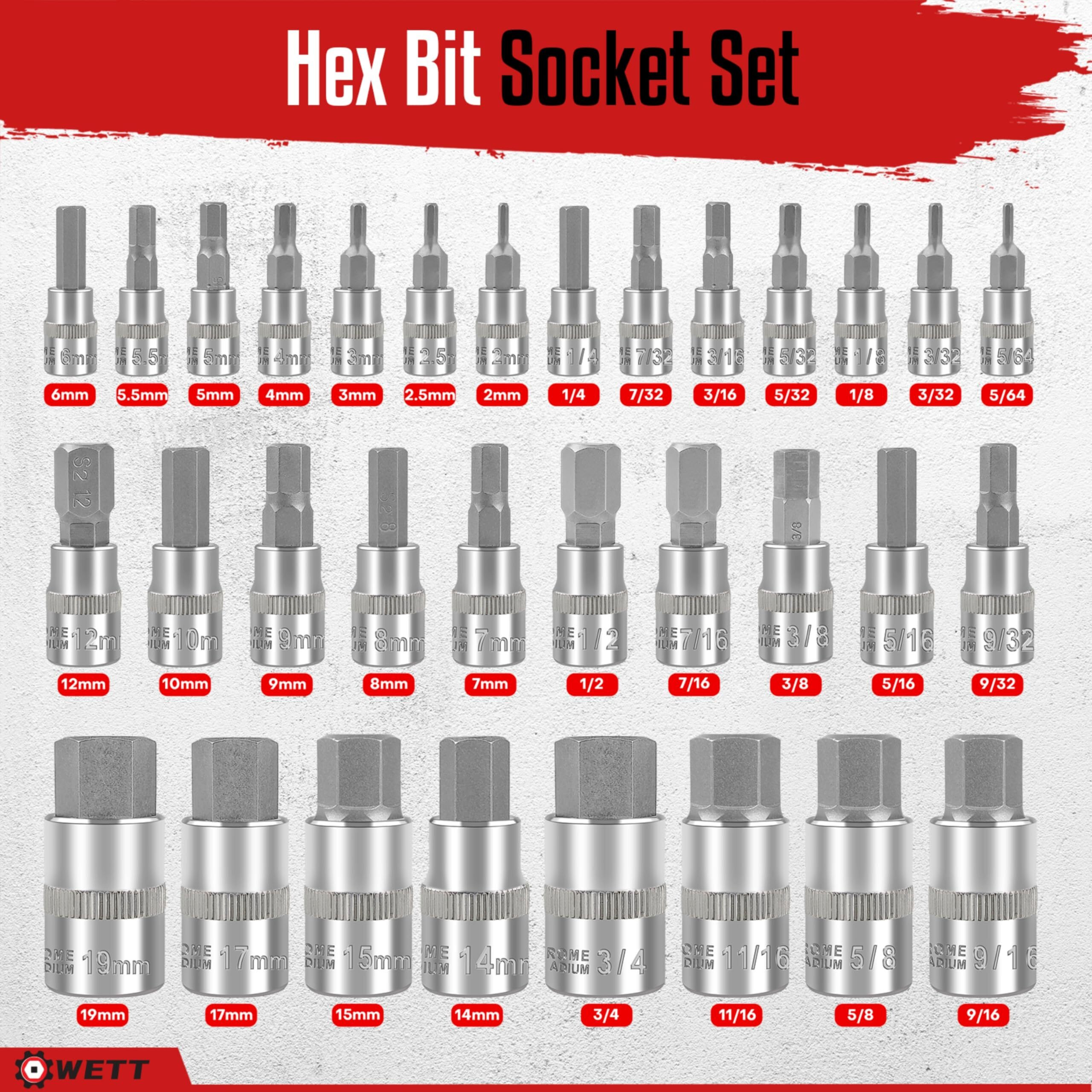 Wett 32Pcs Master Hex Bit Socket Set, Allen Socket Set, 1/4'', 3/8', 1/2'' Hex Drive Sockets, Sae And Metric, 5/64 Inch To 3/4 Inch And 2Mm To 19Mm, S2 Steel & Cr-V Steel