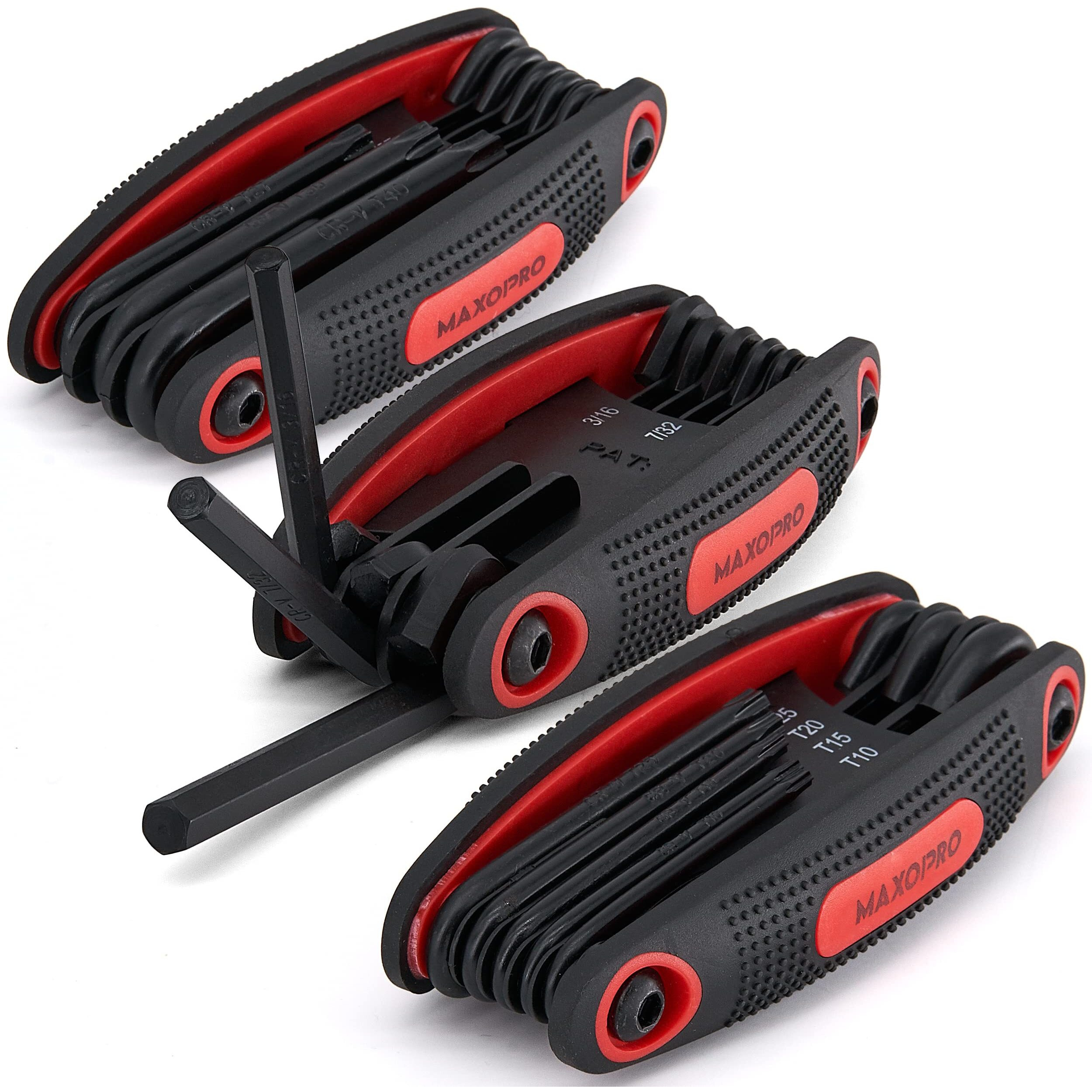 Maxopro 25Pc Folding Allen Wrench Set - Pack Of 3 Metric And Sae Hex Keys Set, Torx Wrench Set Included - Premium Allen Key Set With Soft Rubberized Grip