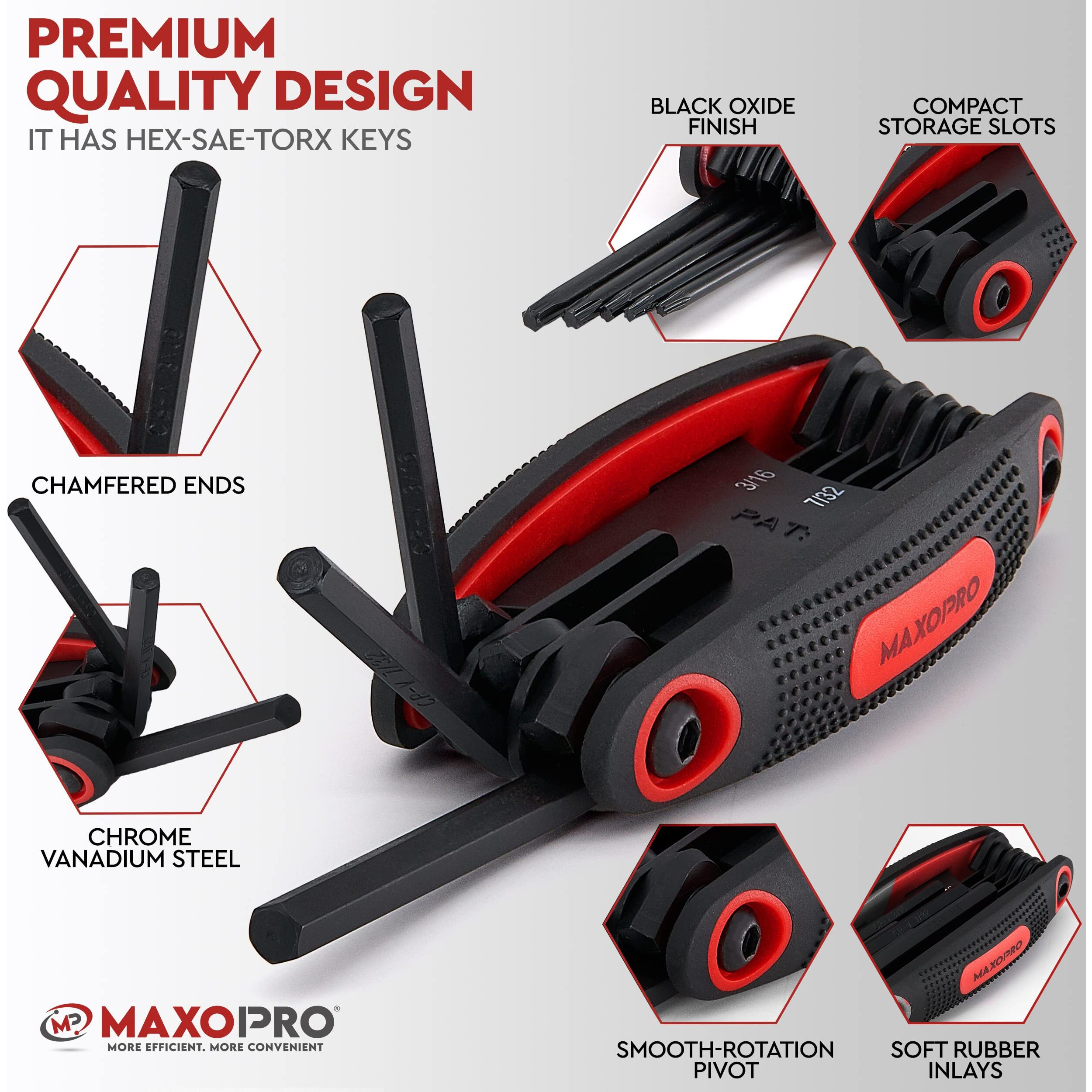 Maxopro 25Pc Folding Allen Wrench Set - Pack Of 3 Metric And Sae Hex Keys Set, Torx Wrench Set Included - Premium Allen Key Set With Soft Rubberized Grip