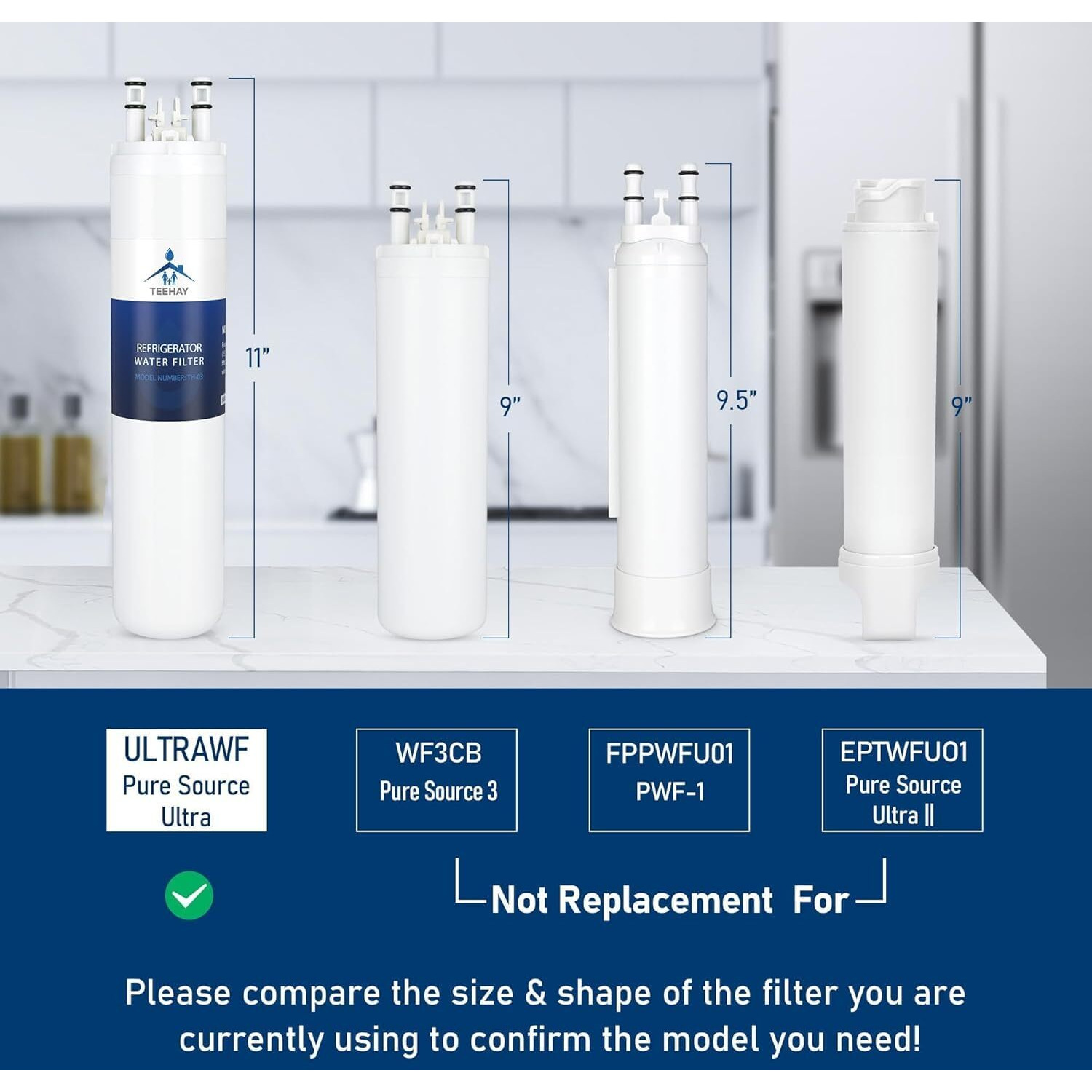 Teehay Ultrawf Water Filter Replacement, Compatible With Frigidaire Ultrawf, Pure Source Ultra, Kenmore 9999, 469999, 46-9999, A0094E28261, Height 11 Inches, 4 Pack (4)