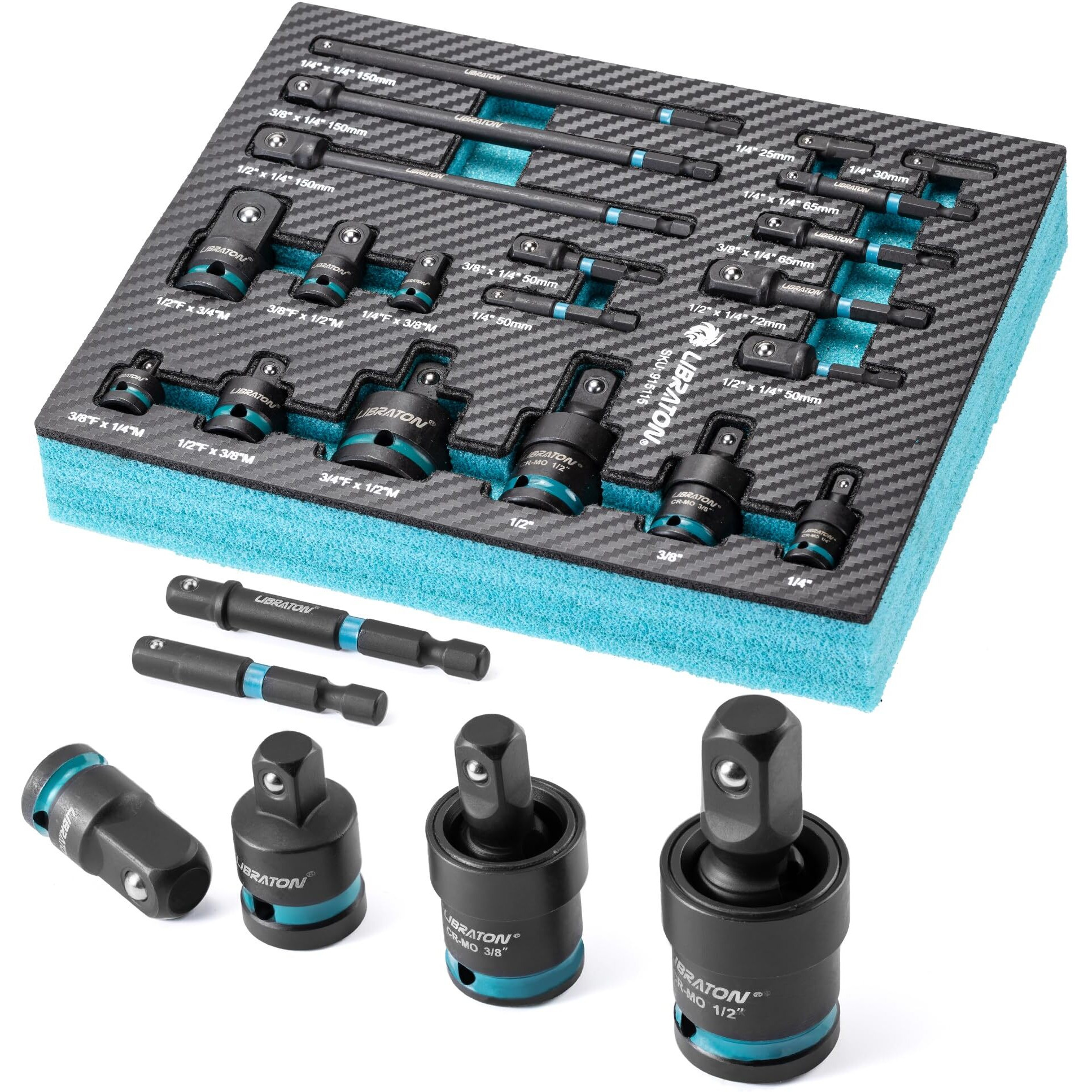 Libraton 20Pcs Socket Adapter And Reducer Set, Impact Socket Adapters, Includes Cr-V Reducers, Cr-Mo Universal Joints, Cr-V Socket Adapter Extension, Xpe Foam, For Automotive Repair Diy Project