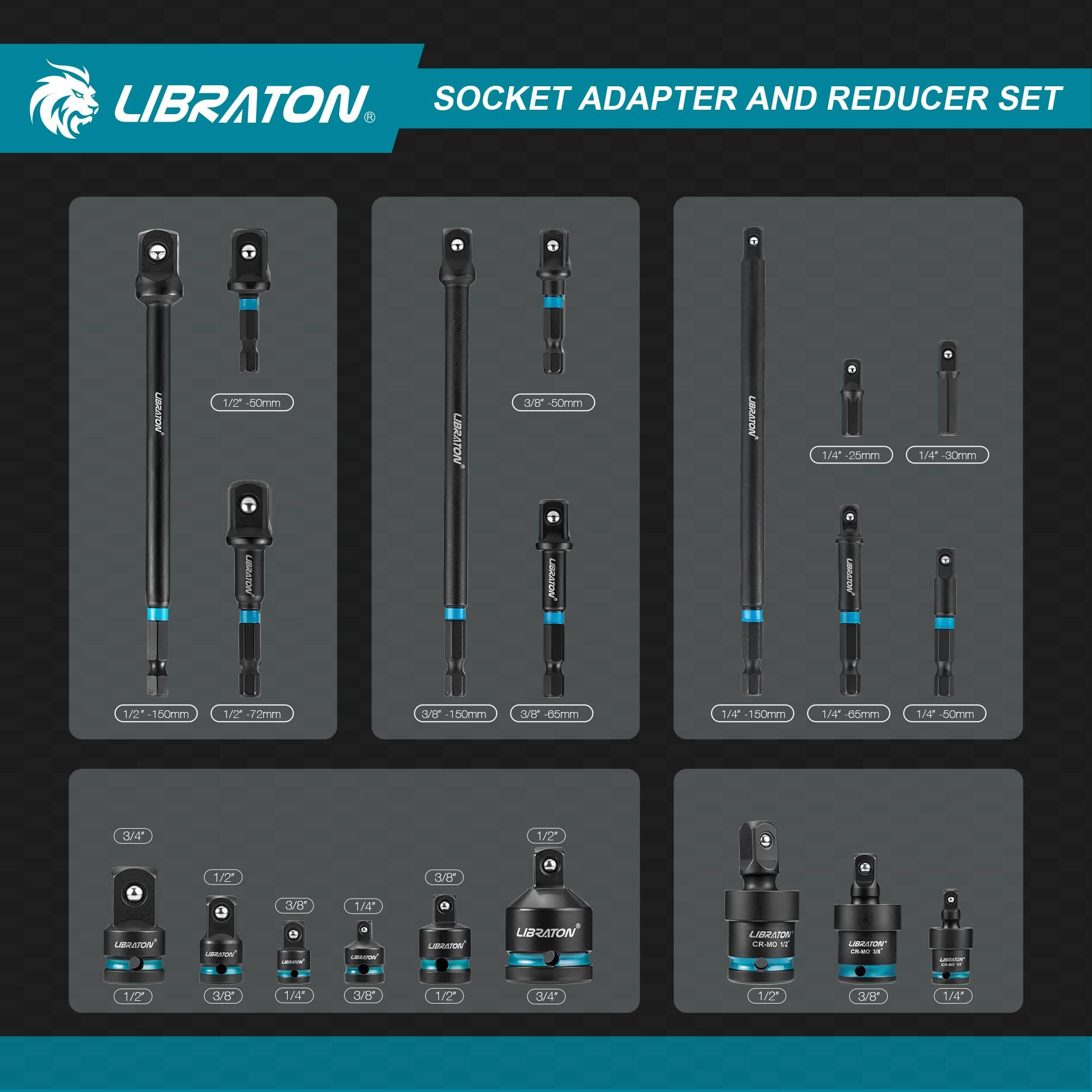 Libraton 20Pcs Socket Adapter And Reducer Set, Impact Socket Adapters, Includes Cr-V Reducers, Cr-Mo Universal Joints, Cr-V Socket Adapter Extension, Xpe Foam, For Automotive Repair Diy Project