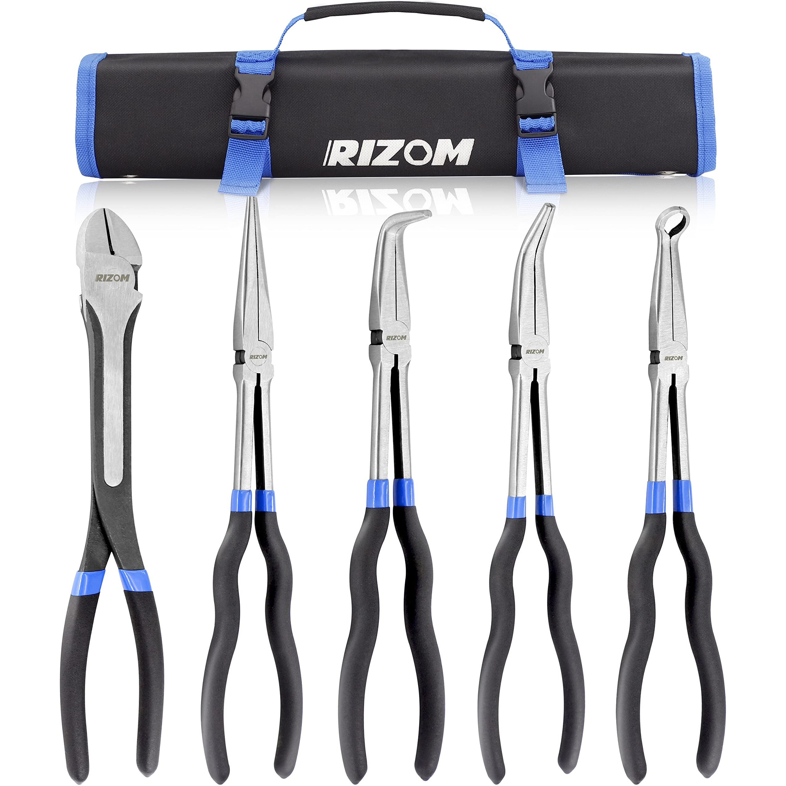 Rizom 5-Piece 11 Inch Long Needle Nose Pliers Set, Extra Long Reach Pliers Set, 90 Bent Nose Pliers, 45 Bent Nose Pliers, Circle Nose Pliers, Diagonal Pliers For Narrow Spaces And Limited Areas
