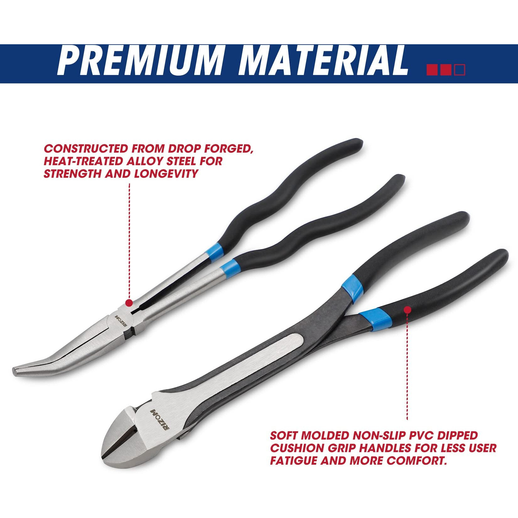 Rizom 5-Piece 11 Inch Long Needle Nose Pliers Set, Extra Long Reach Pliers Set, 90 Bent Nose Pliers, 45 Bent Nose Pliers, Circle Nose Pliers, Diagonal Pliers For Narrow Spaces And Limited Areas