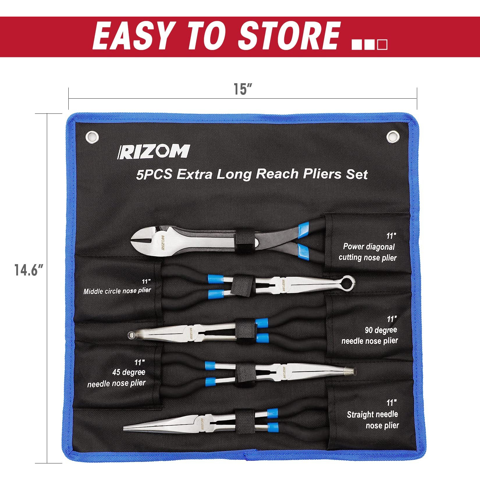 Rizom 5-Piece 11 Inch Long Needle Nose Pliers Set, Extra Long Reach Pliers Set, 90 Bent Nose Pliers, 45 Bent Nose Pliers, Circle Nose Pliers, Diagonal Pliers For Narrow Spaces And Limited Areas