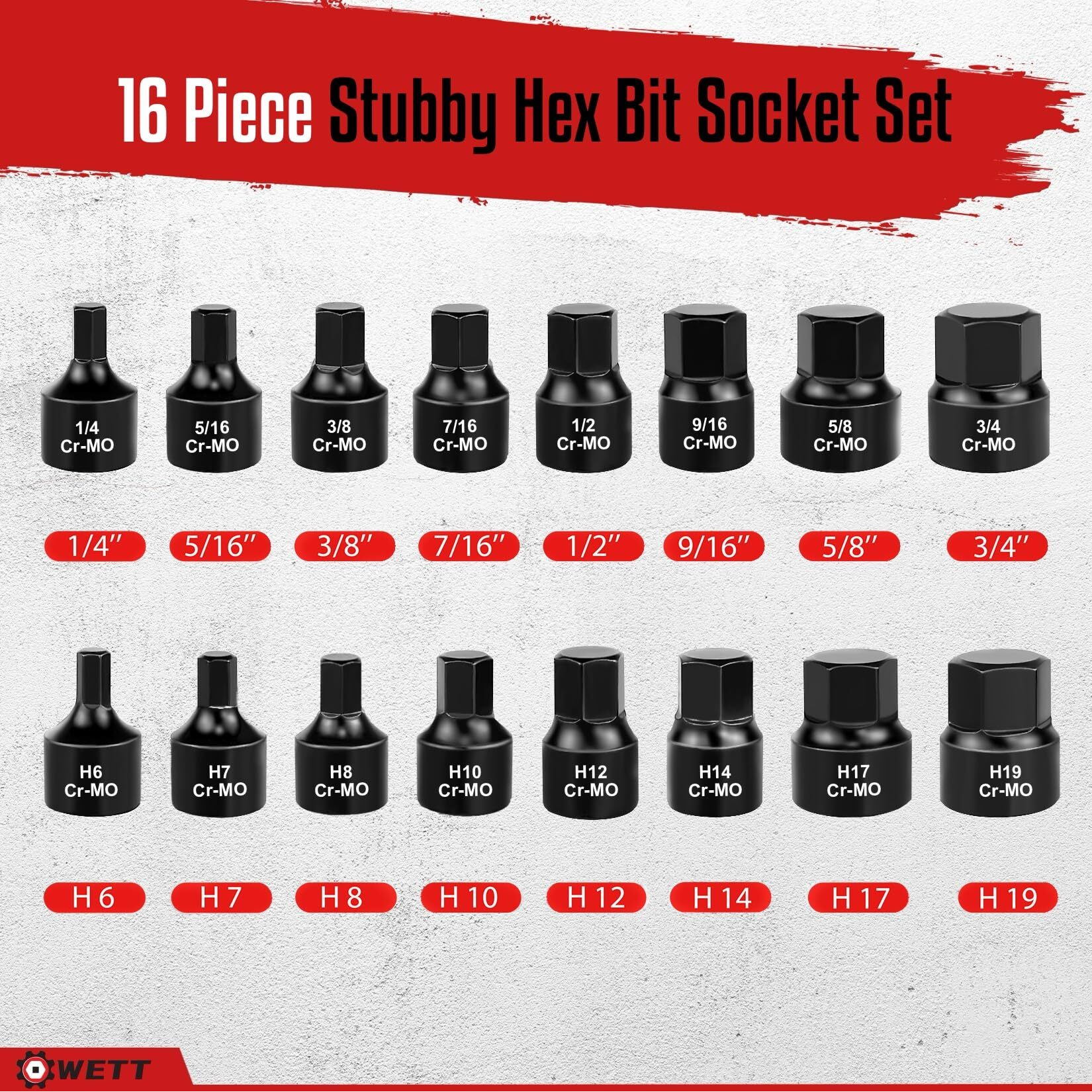 Wett 3/8-Inch Drive Low Profile Impact Hex Driver Set, 16-Piece Stubby Hex Bit Socket Set, Cr-Mo Steel, Sae/Metric, (1/4"" - 3/4"", 6-19Mm)