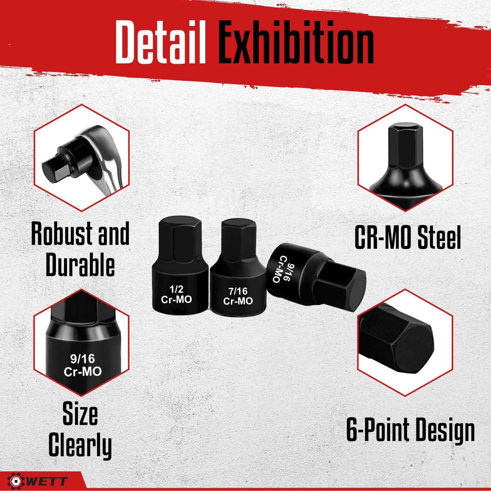 Wett 3/8-Inch Drive Low Profile Impact Hex Driver Set, 16-Piece Stubby Hex Bit Socket Set, Cr-Mo Steel, Sae/Metric, (1/4"" - 3/4"", 6-19Mm)