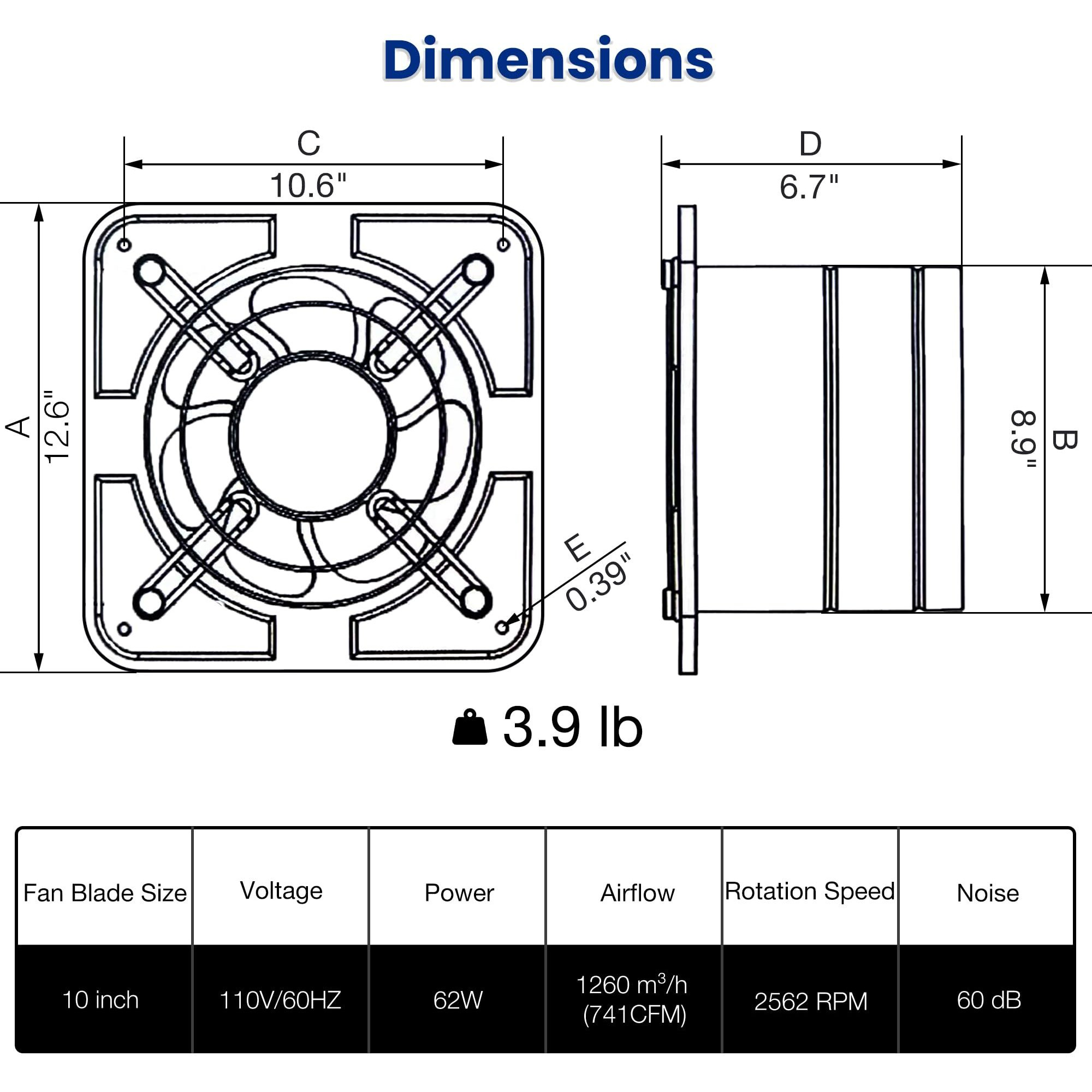 Fanspex 10"" Exhaust Fan For Kitchen, Wall Mount Household Ventilation Fans For Workshop Attic Garage Shed Greenhouse Barn, 62W Low Consumption, High Velocity 1260 M/H (741 Cfm) Air-Volume