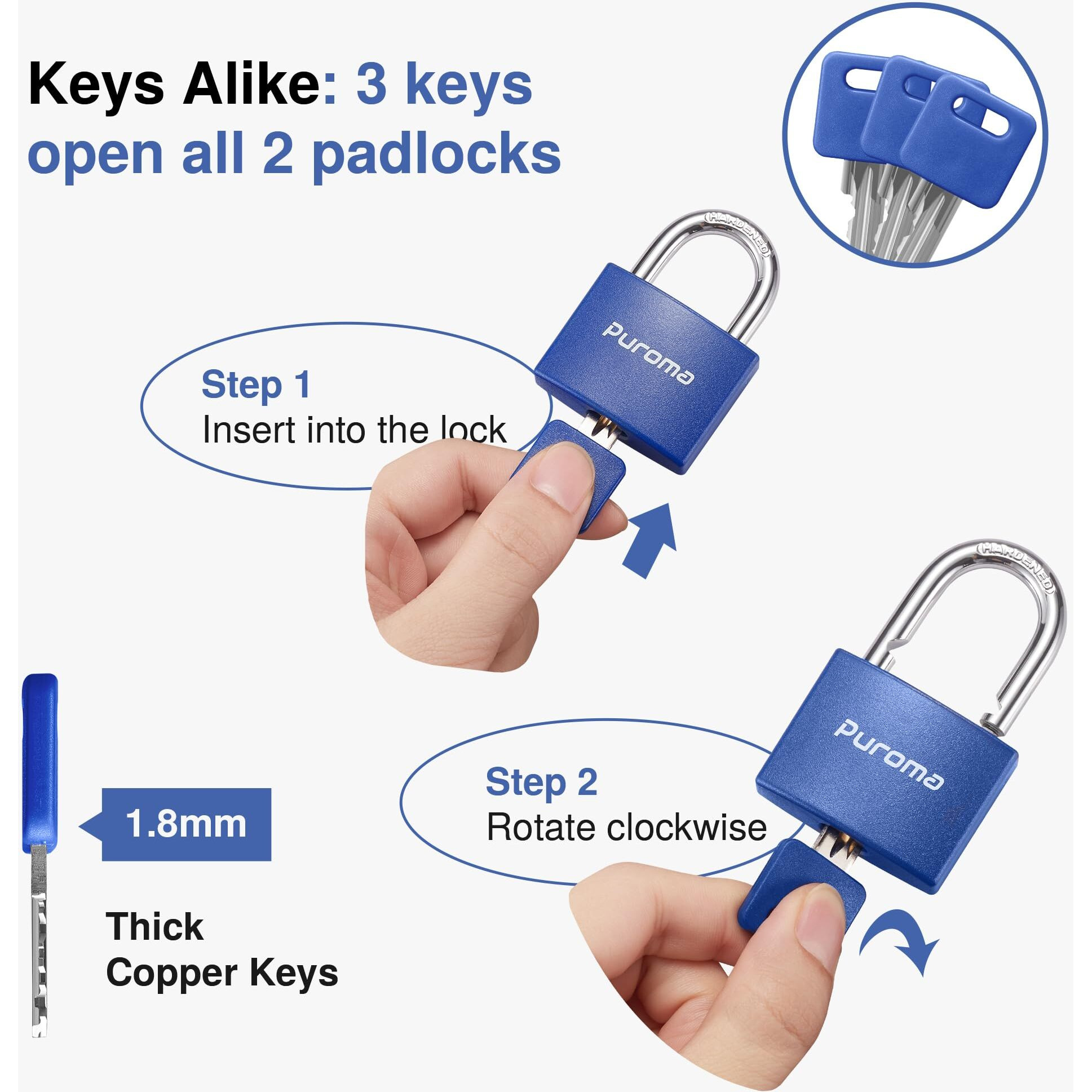 Puroma Lock Keyed Padlock, 2 Pack Aluminum Locks With 3 Keys Alike, 1.1 Inch Locker Lock 43Mm Small Padlocks For Gate, Fence, Shed, Toolbox, School Gym Locker (Blue)