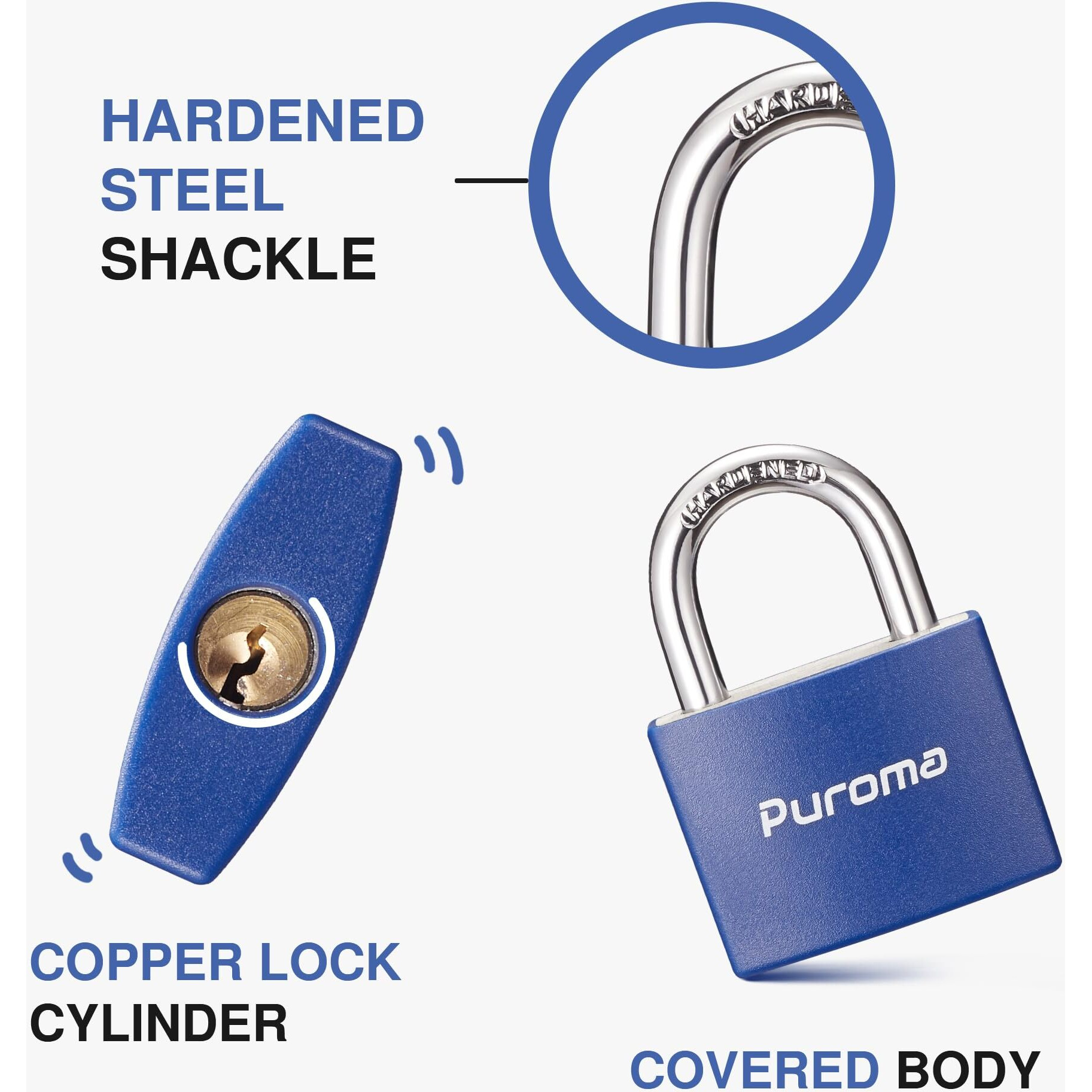 Puroma Lock Keyed Padlock, 2 Pack Aluminum Locks With 3 Keys Alike, 1.1 Inch Locker Lock 43Mm Small Padlocks For Gate, Fence, Shed, Toolbox, School Gym Locker (Blue)